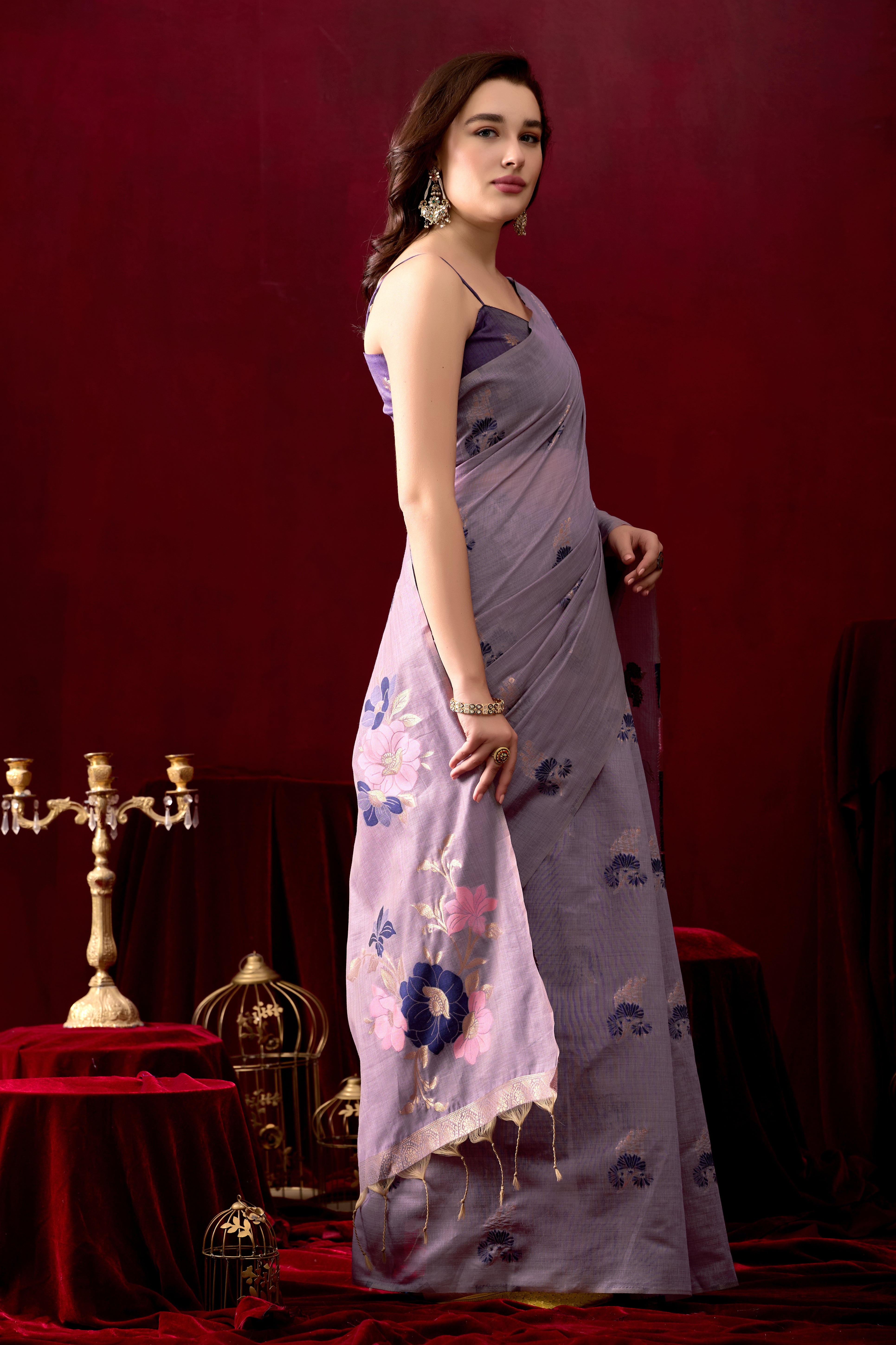 Floral Embellished Embroidered Chanderi Saree in Purple