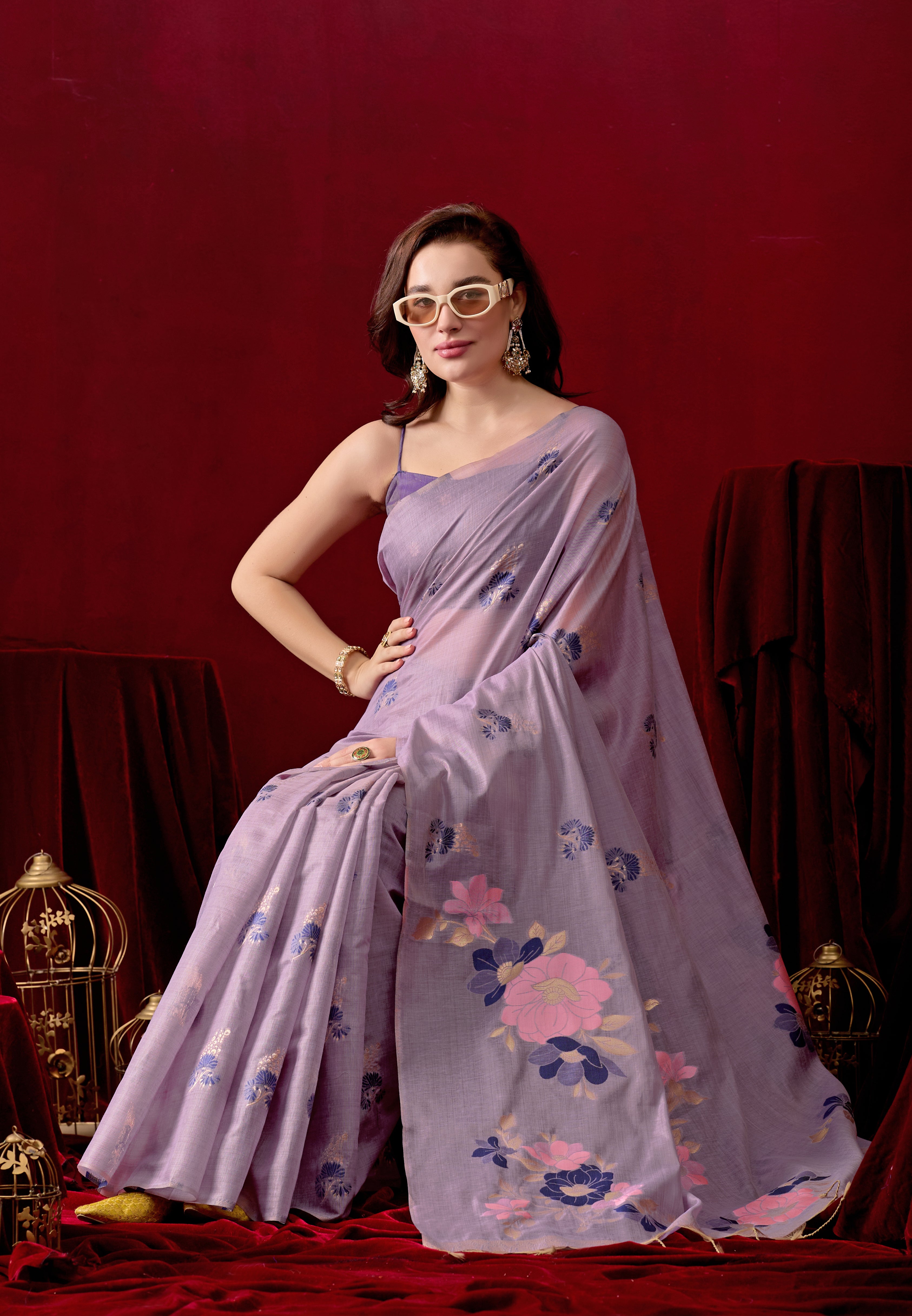 Floral Embellished Embroidered Chanderi Saree in Purple