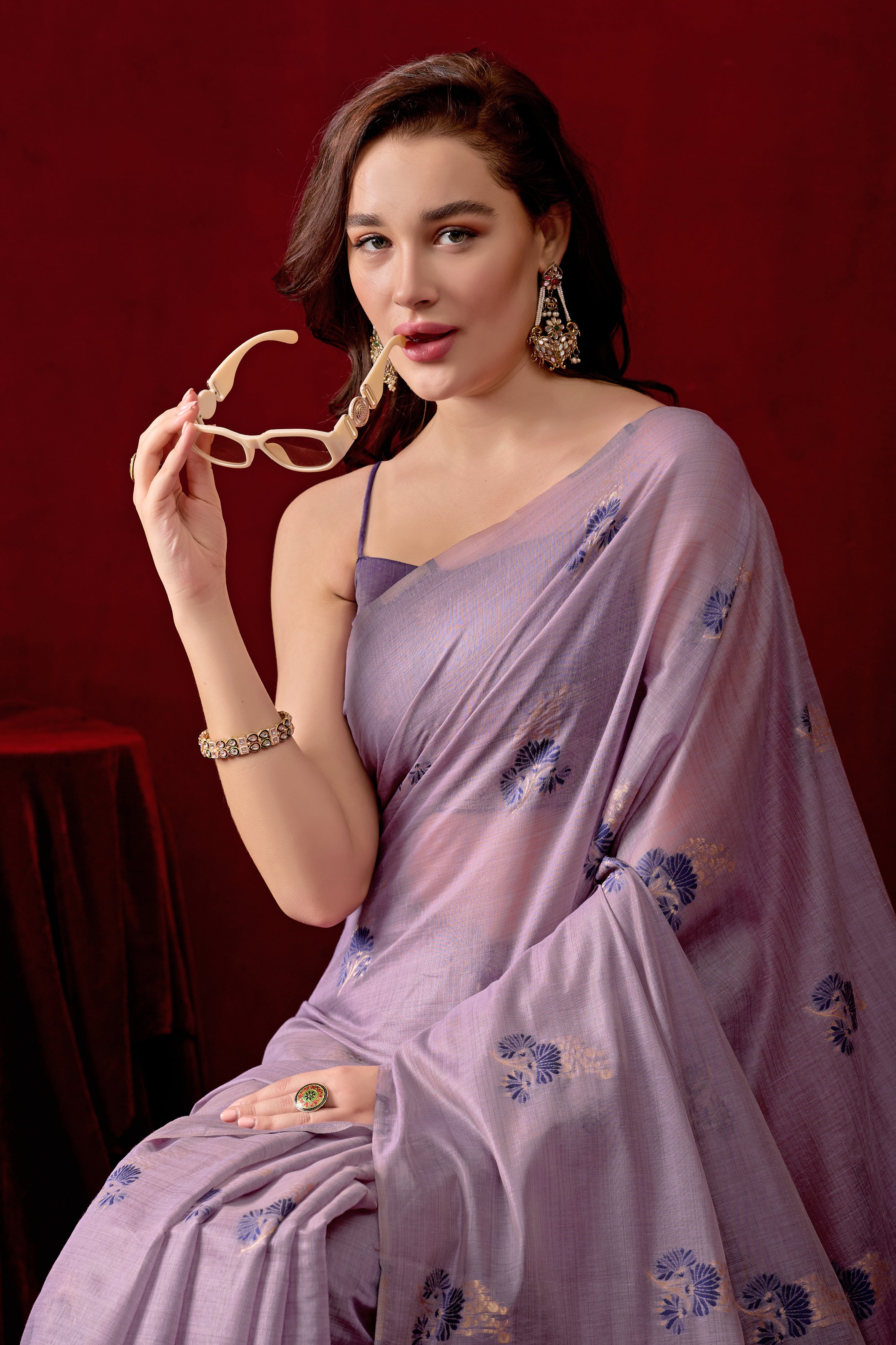 Floral Embellished Embroidered Chanderi Saree in Purple