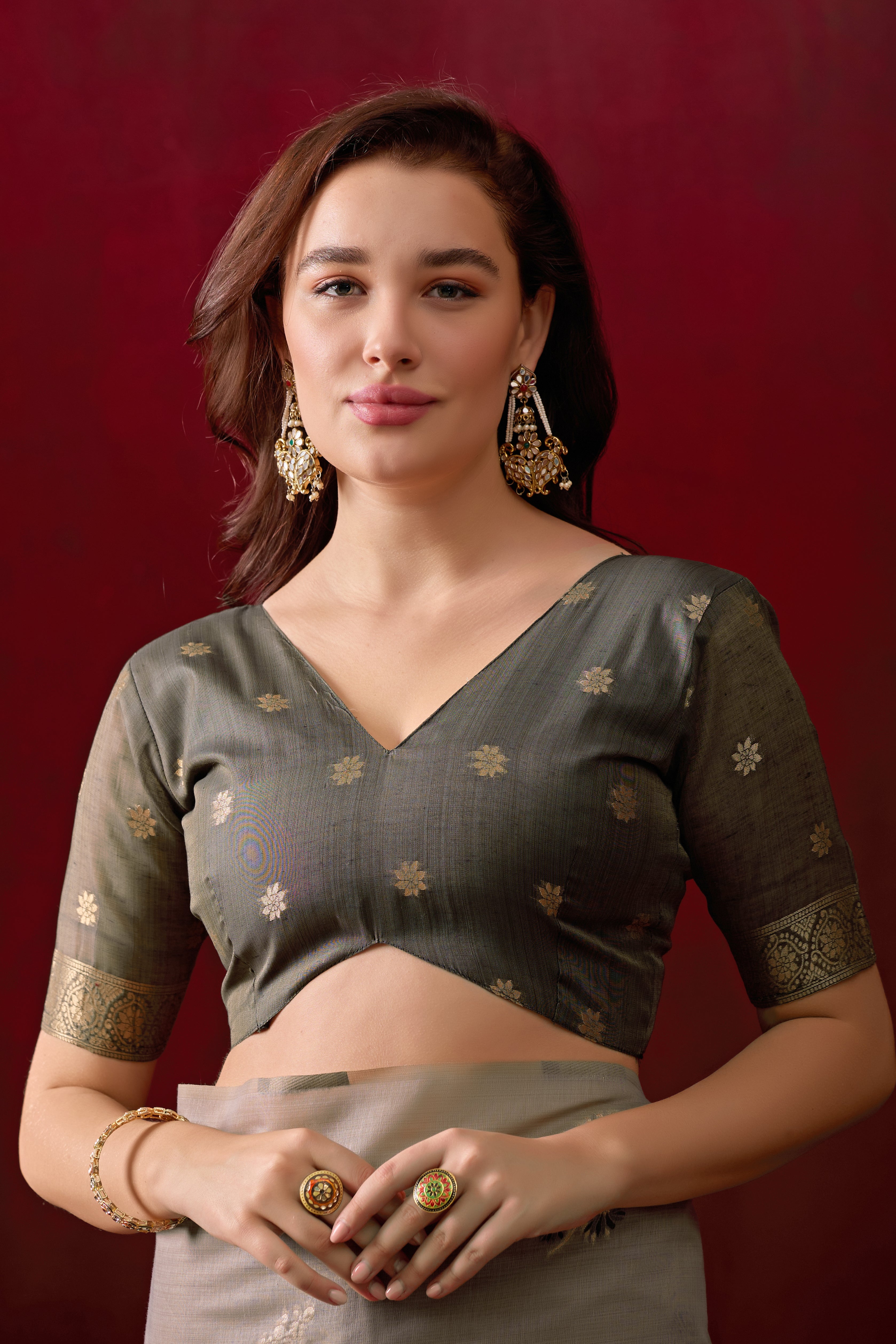 Floral Embellished Embroidered Chanderi Saree in Gray