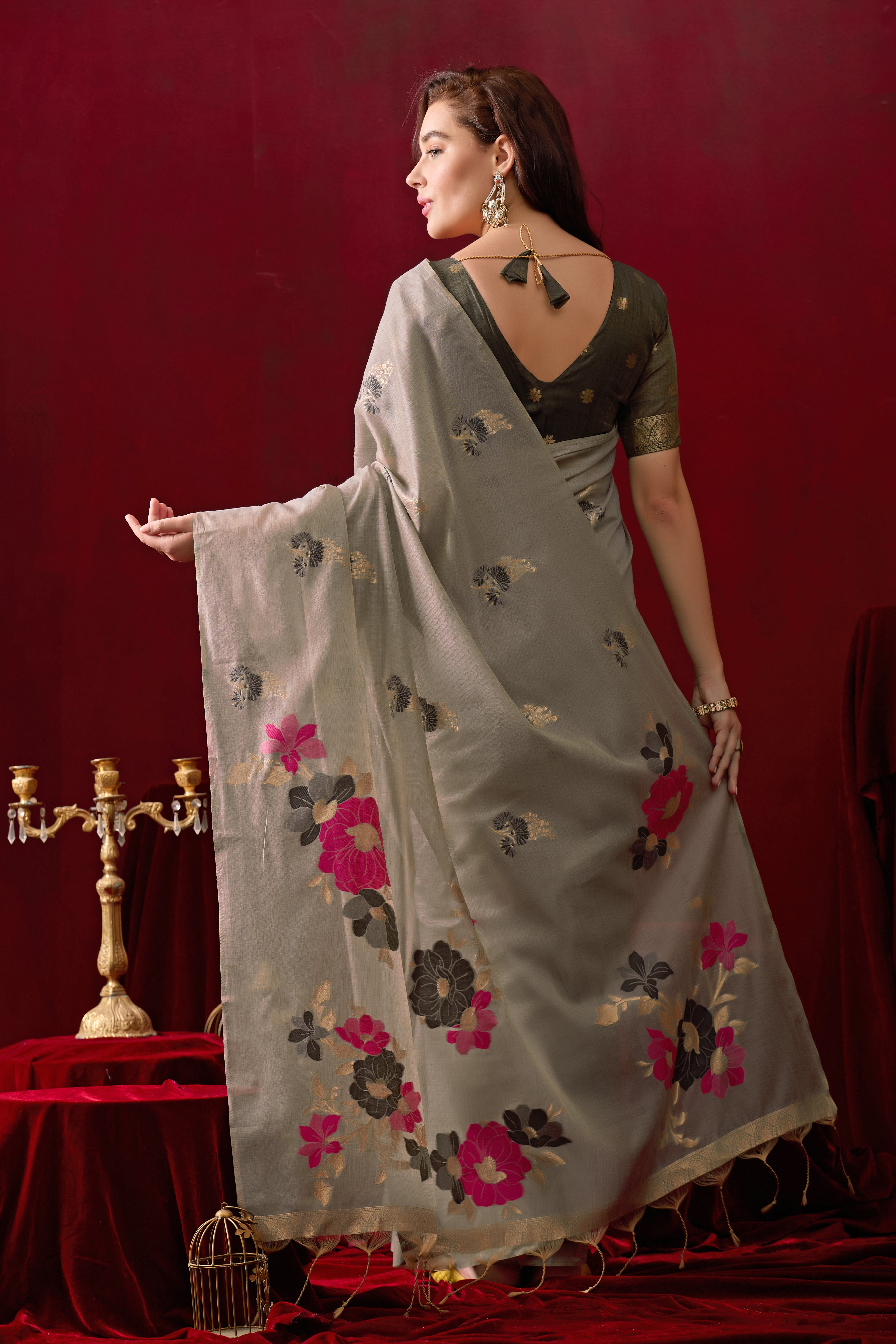Floral Embellished Embroidered Chanderi Saree in Gray