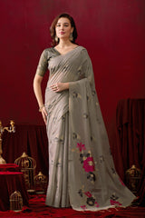 Floral Embellished Embroidered Chanderi Saree in Gray