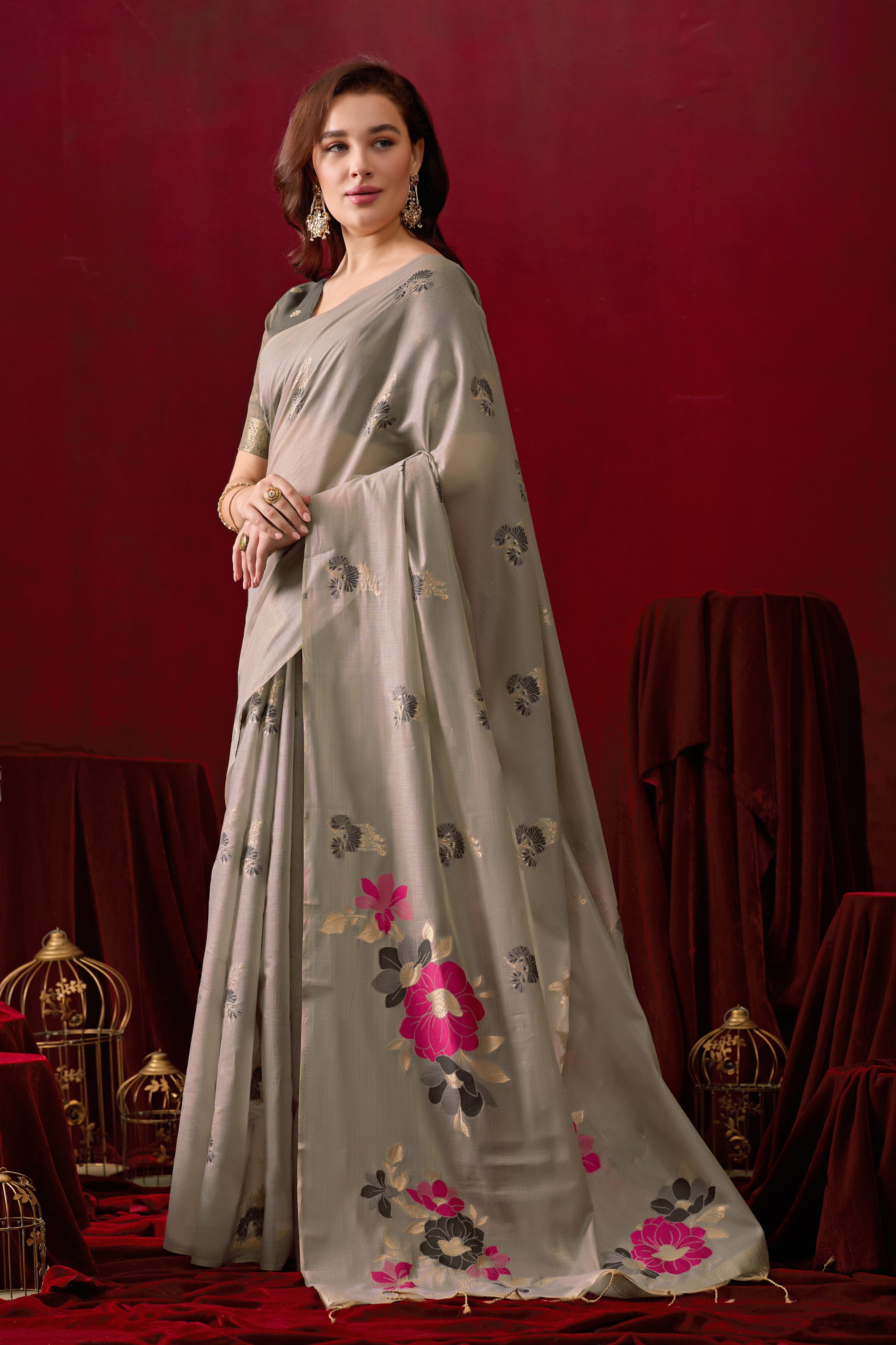 Floral Embellished Embroidered Chanderi Saree in Gray