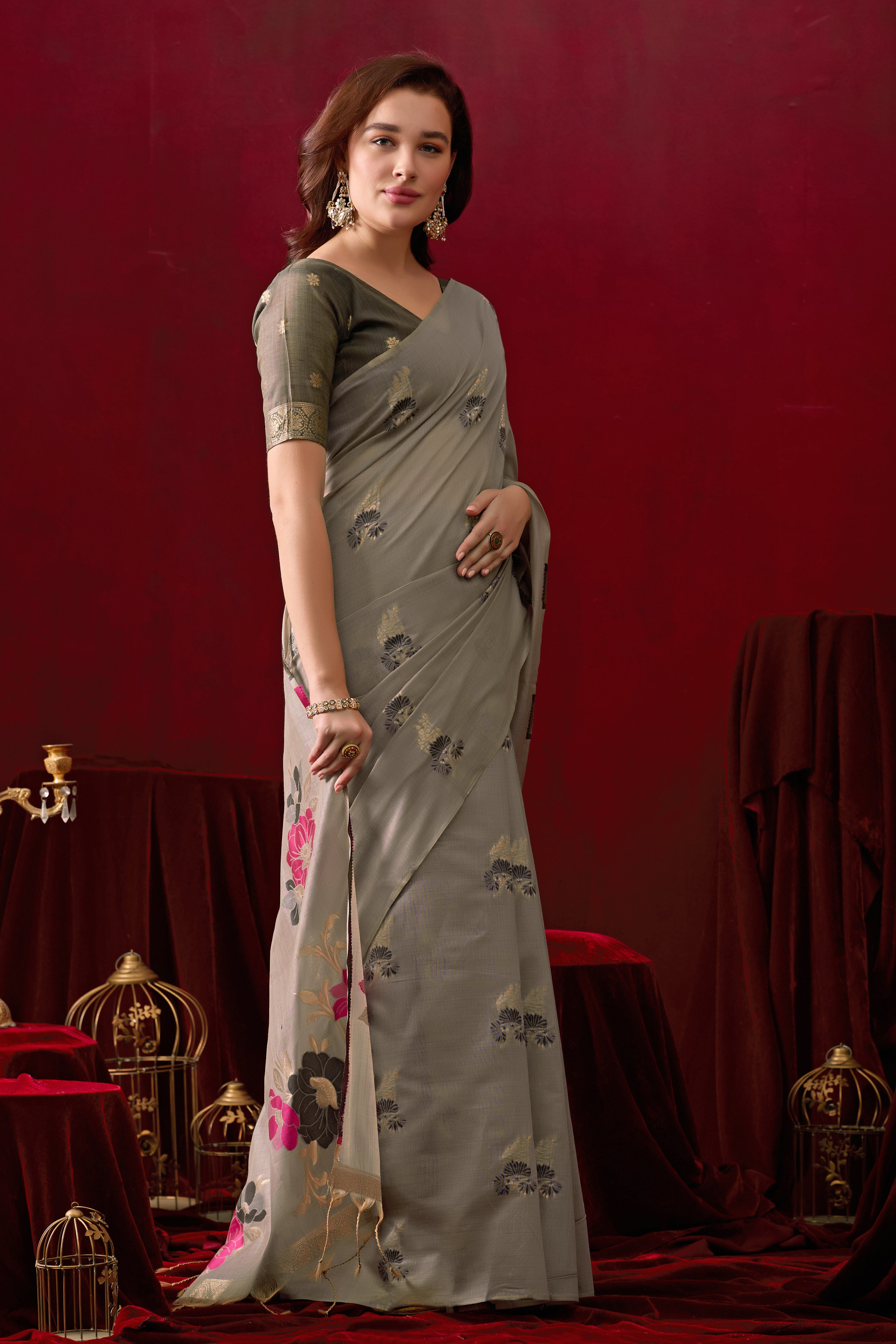Floral Embellished Embroidered Chanderi Saree in Gray