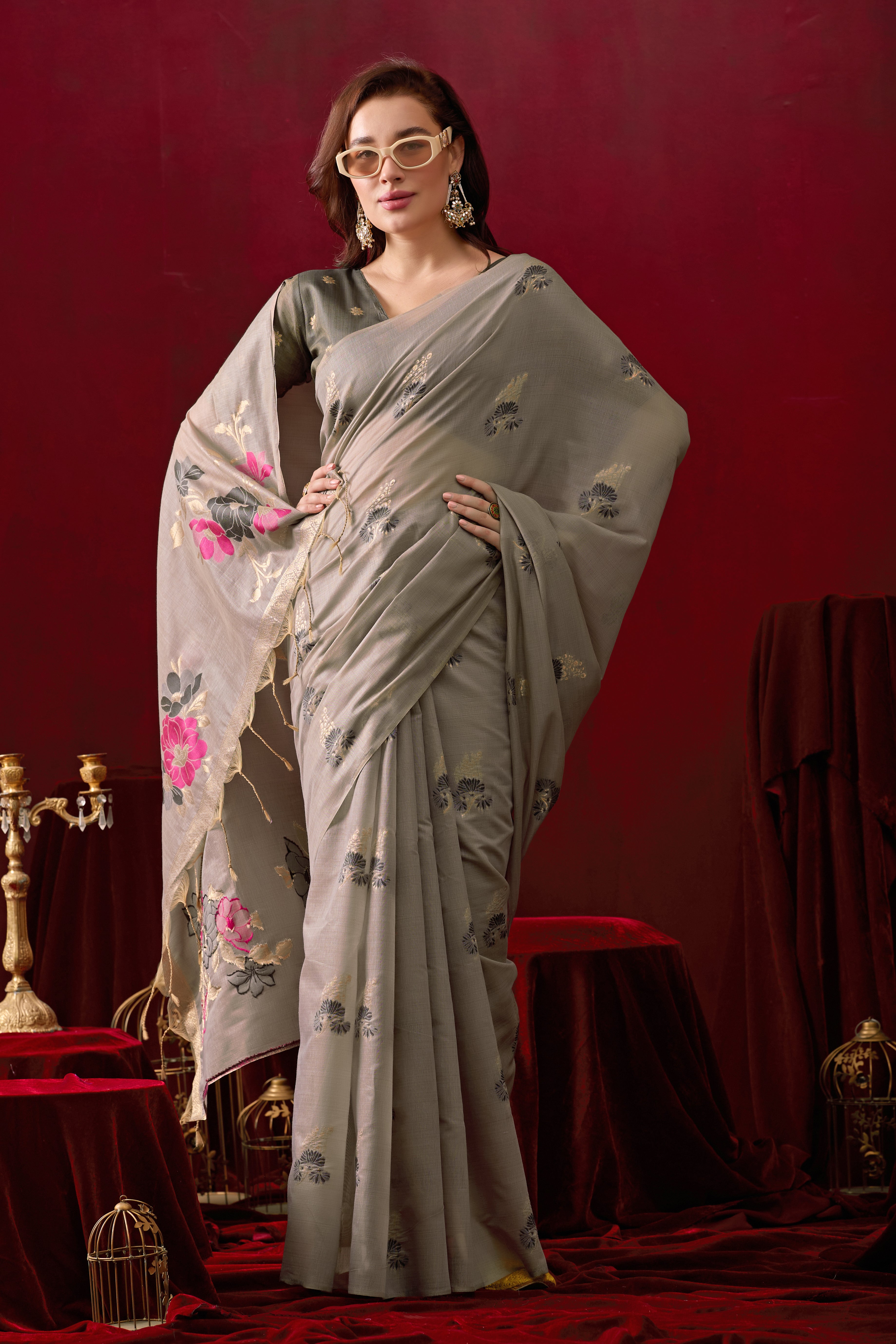 Floral Embellished Embroidered Chanderi Saree in Gray