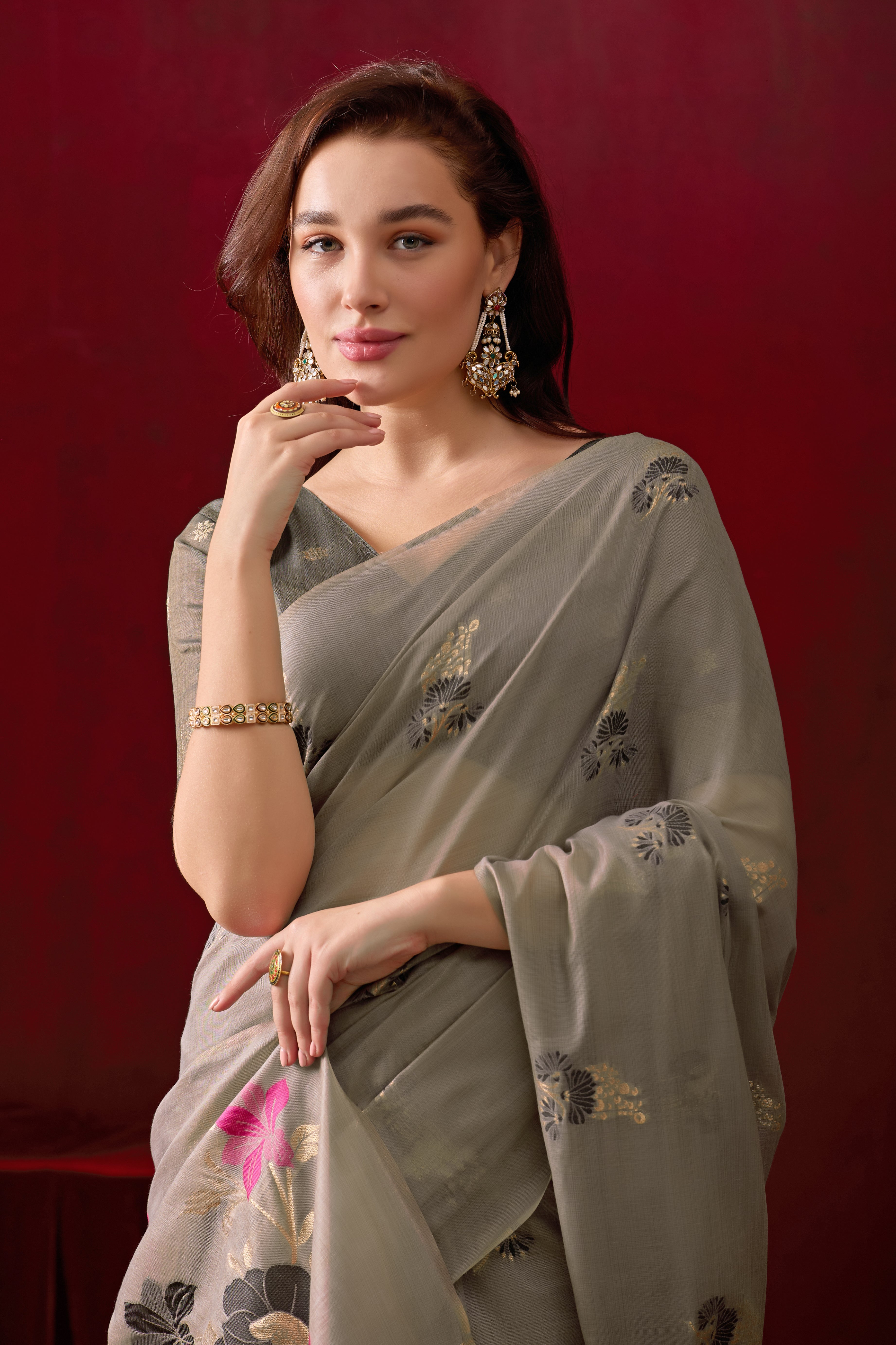 Floral Embellished Embroidered Chanderi Saree in Gray