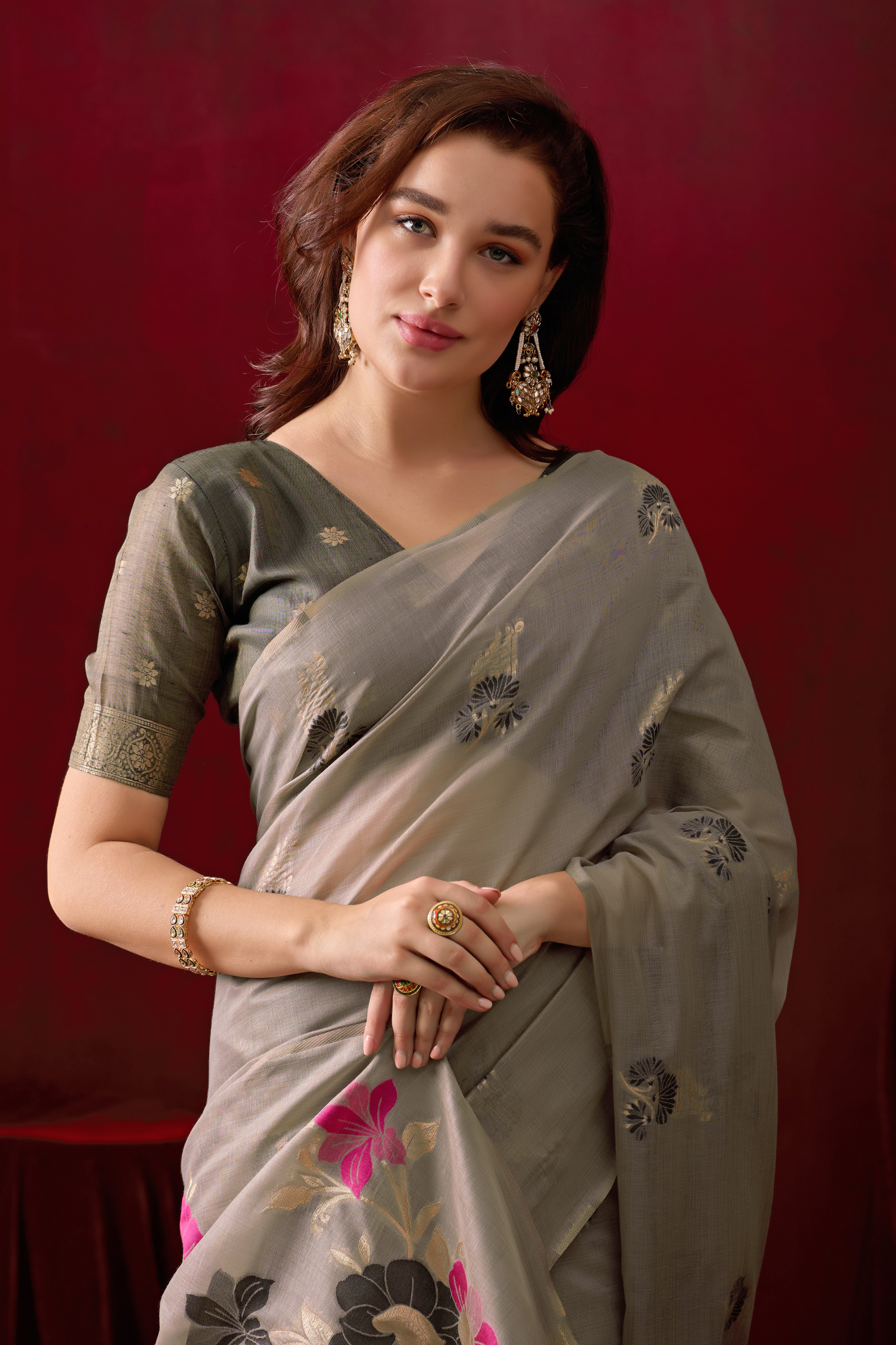 Floral Embellished Embroidered Chanderi Saree in Gray