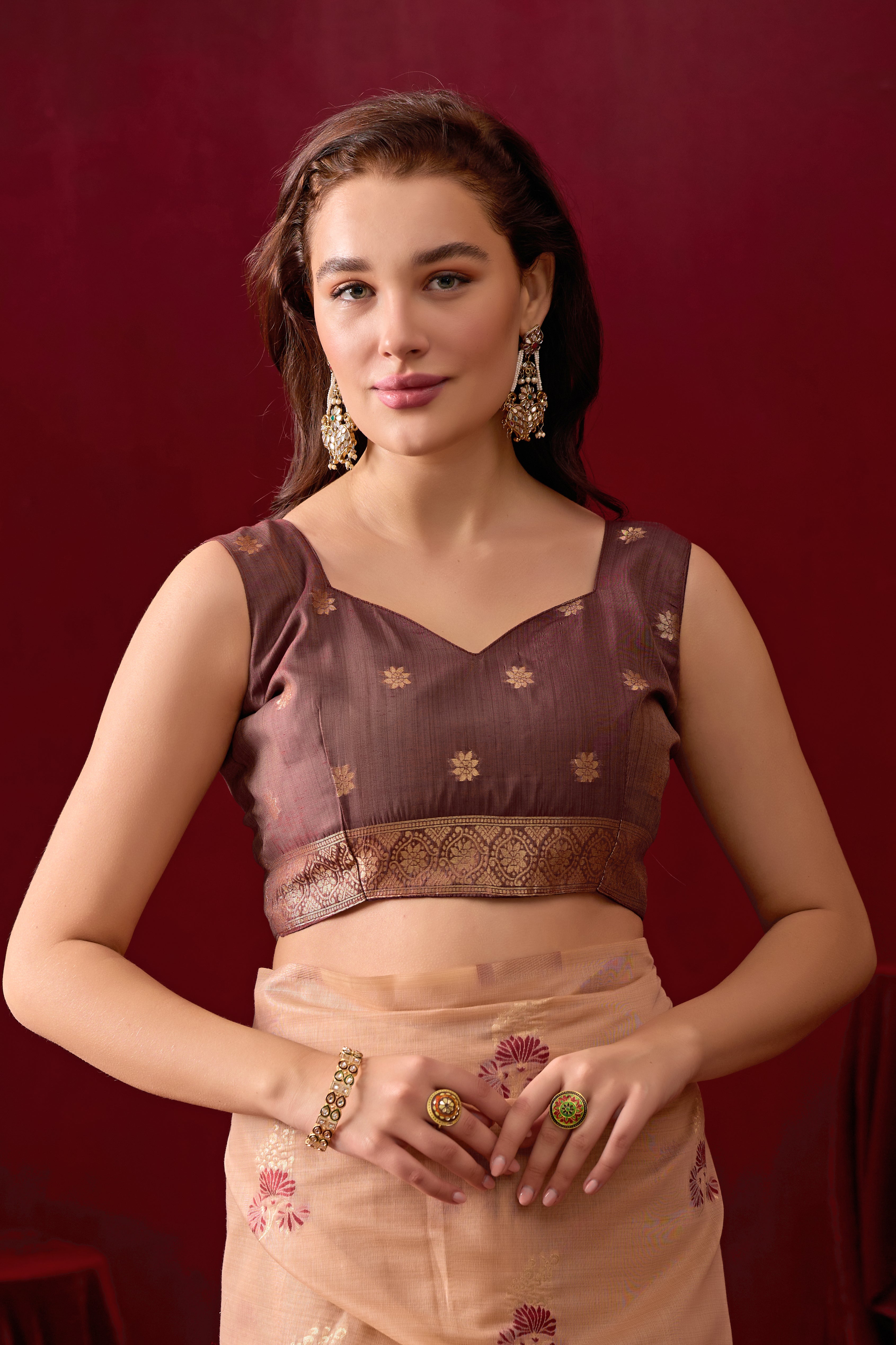 Floral Embellished Embroidered Chanderi Saree in Peach