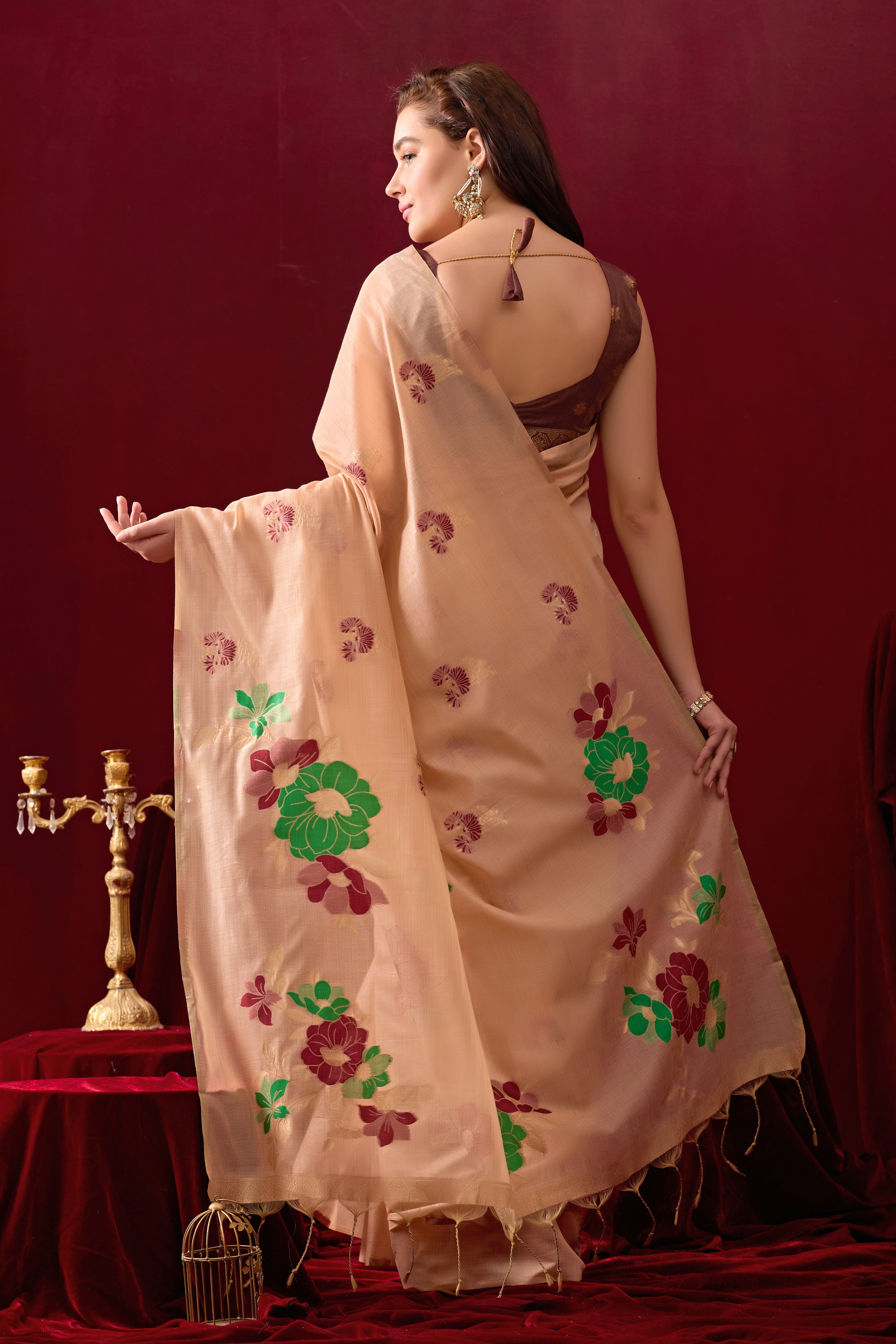 Floral Embellished Embroidered Chanderi Saree in Peach