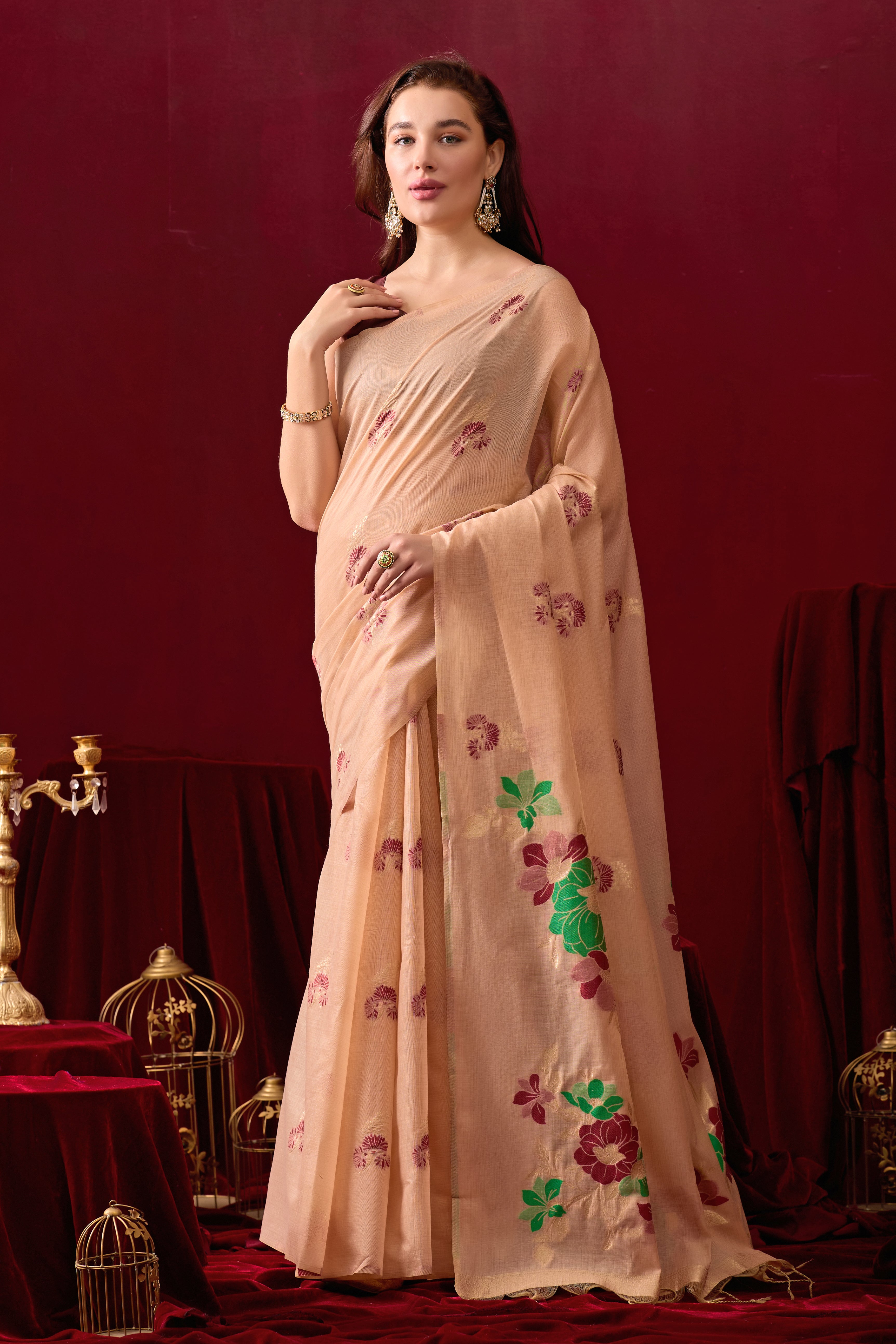 Floral Embellished Embroidered Chanderi Saree in Peach