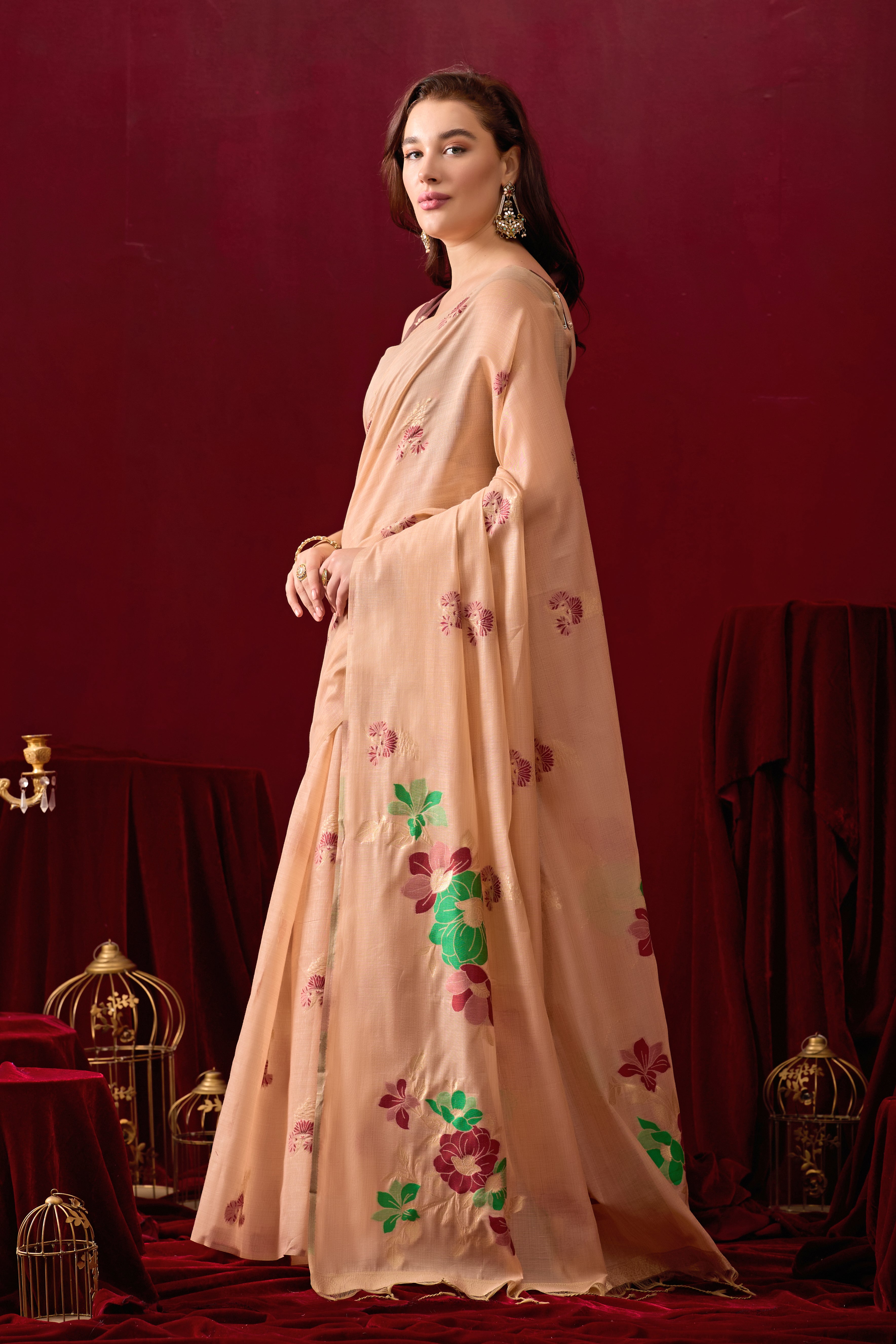Floral Embellished Embroidered Chanderi Saree in Peach