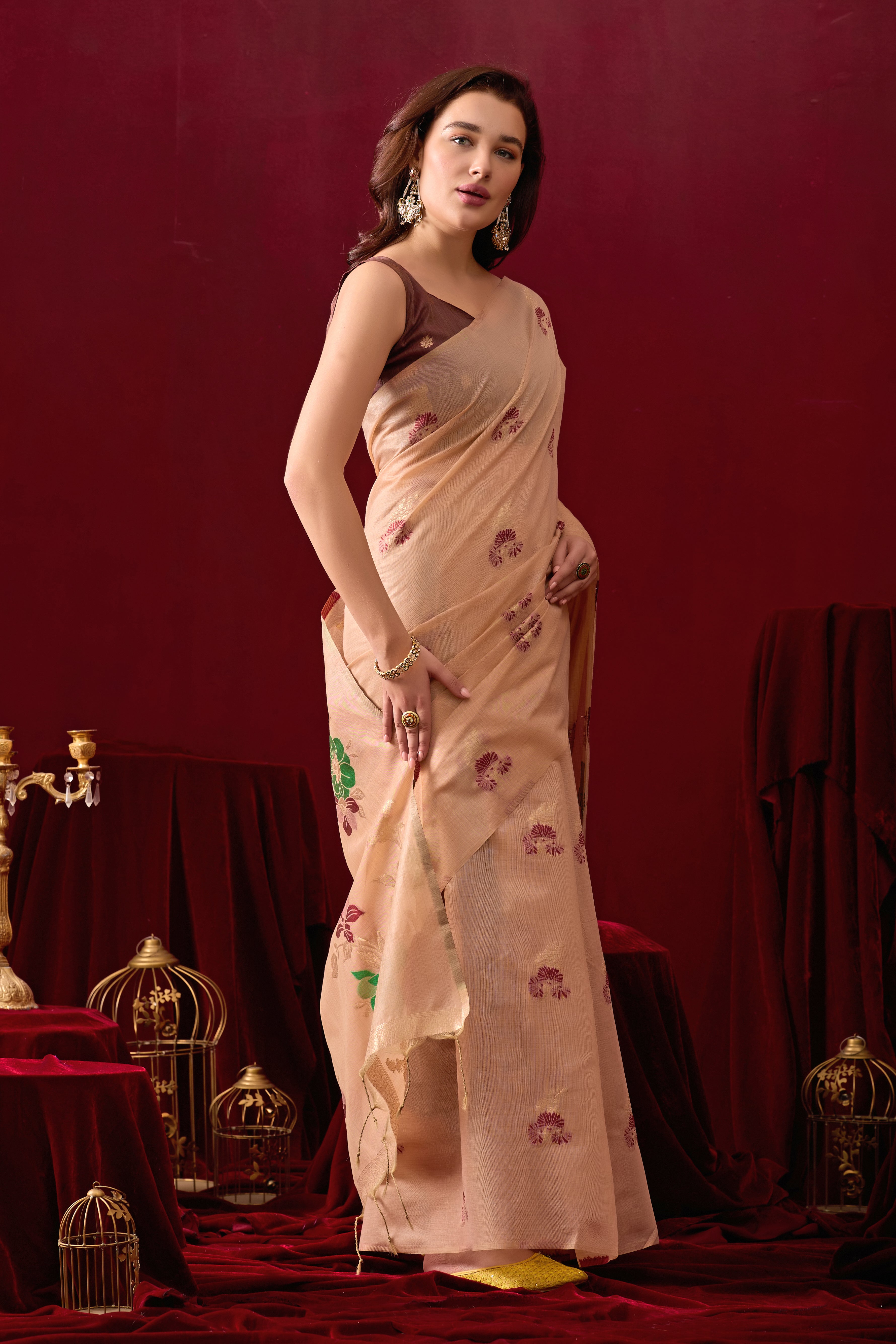 Floral Embellished Embroidered Chanderi Saree in Peach