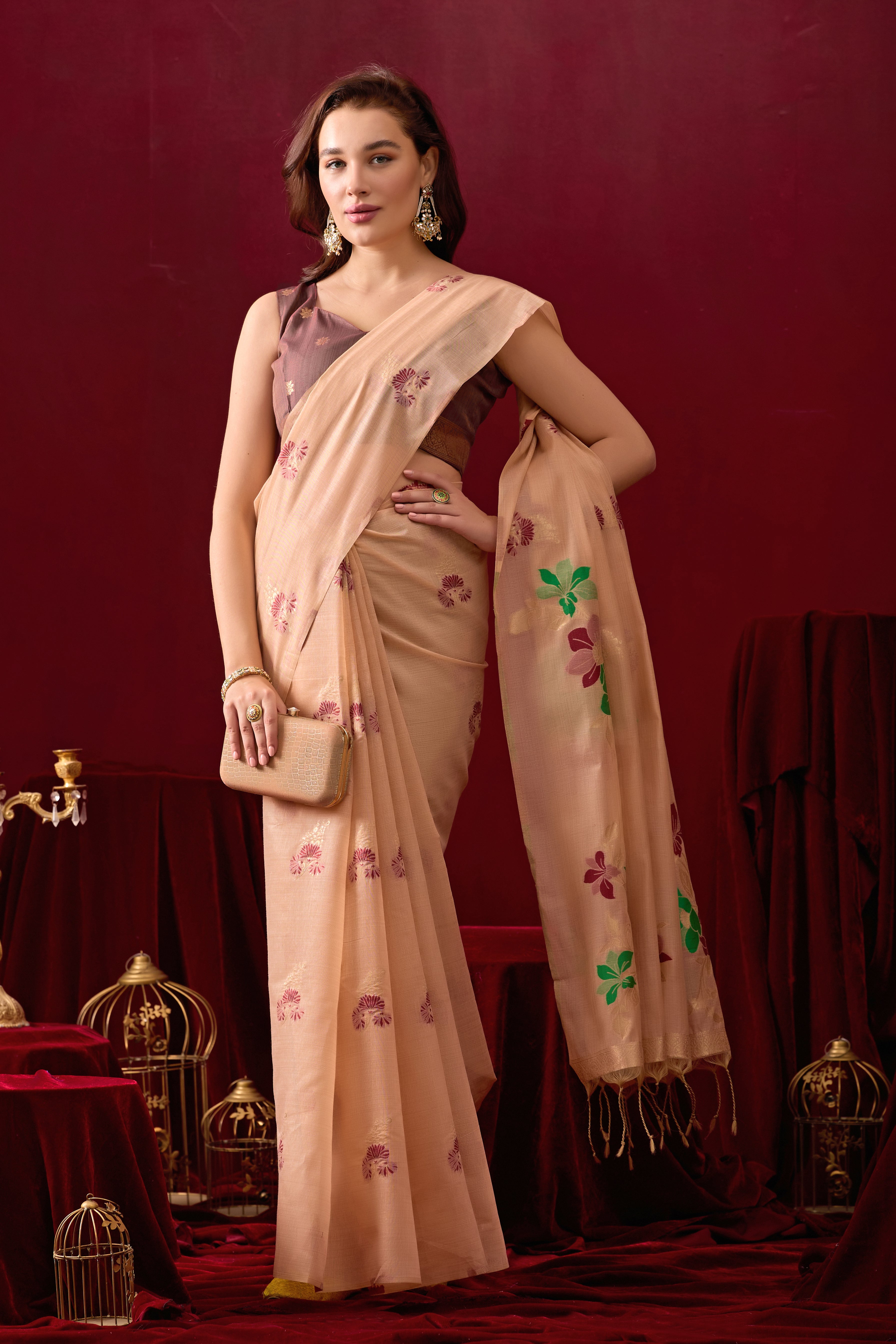 Floral Embellished Embroidered Chanderi Saree in Peach