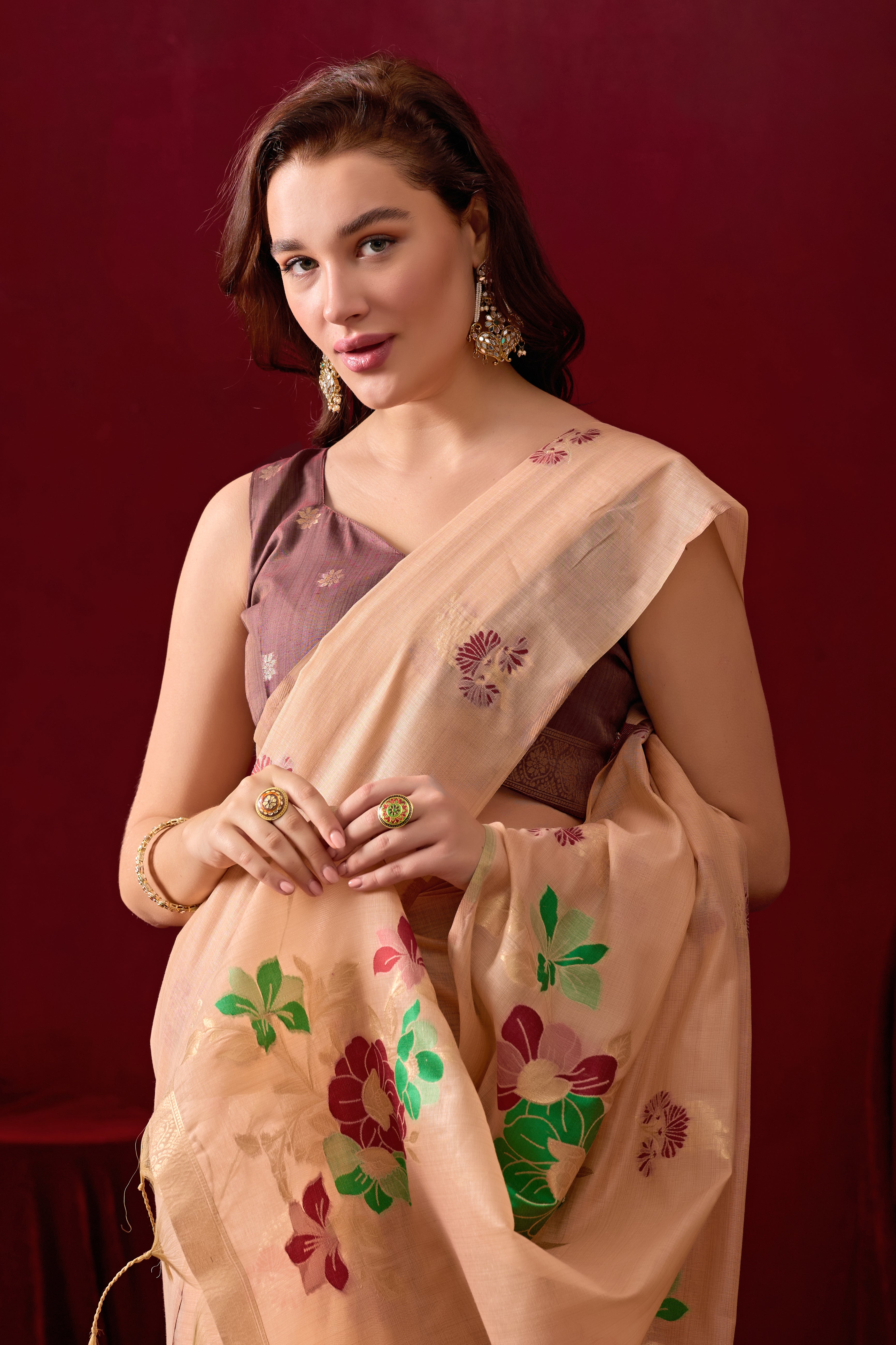 Floral Embellished Embroidered Chanderi Saree in Peach