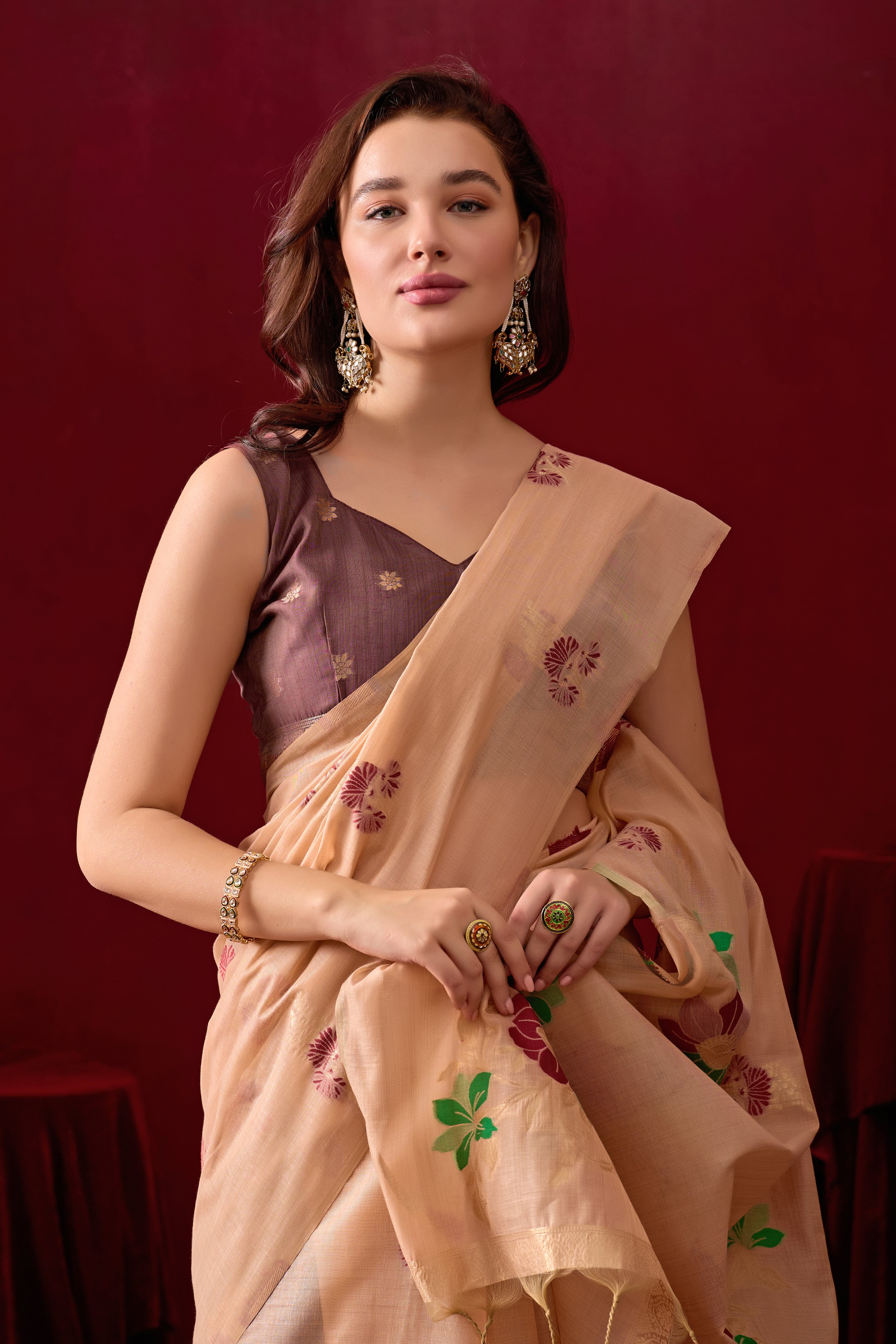Floral Embellished Embroidered Chanderi Saree in Peach
