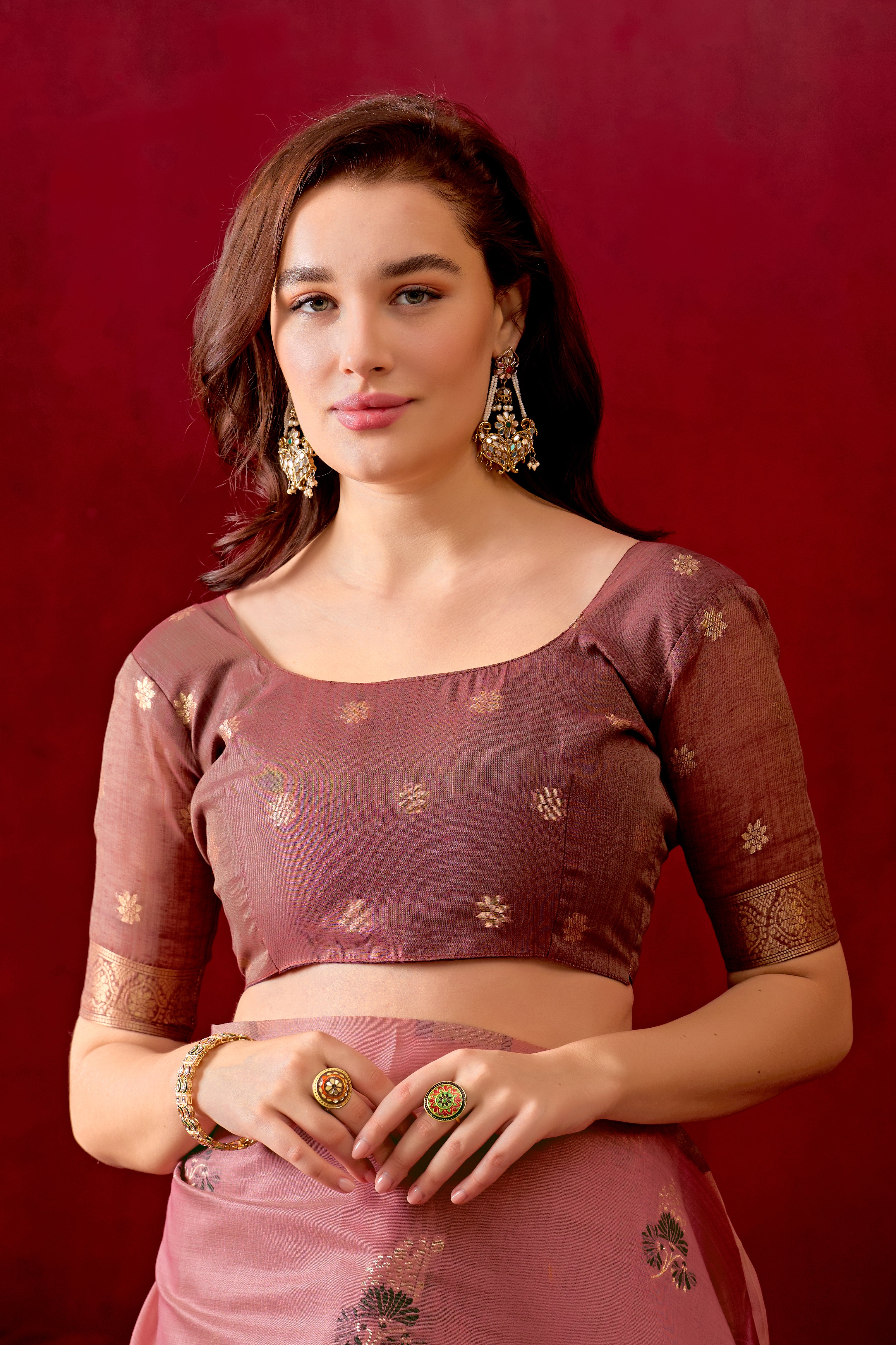 Floral Embellished Embroidered Chanderi Saree in Light Wine