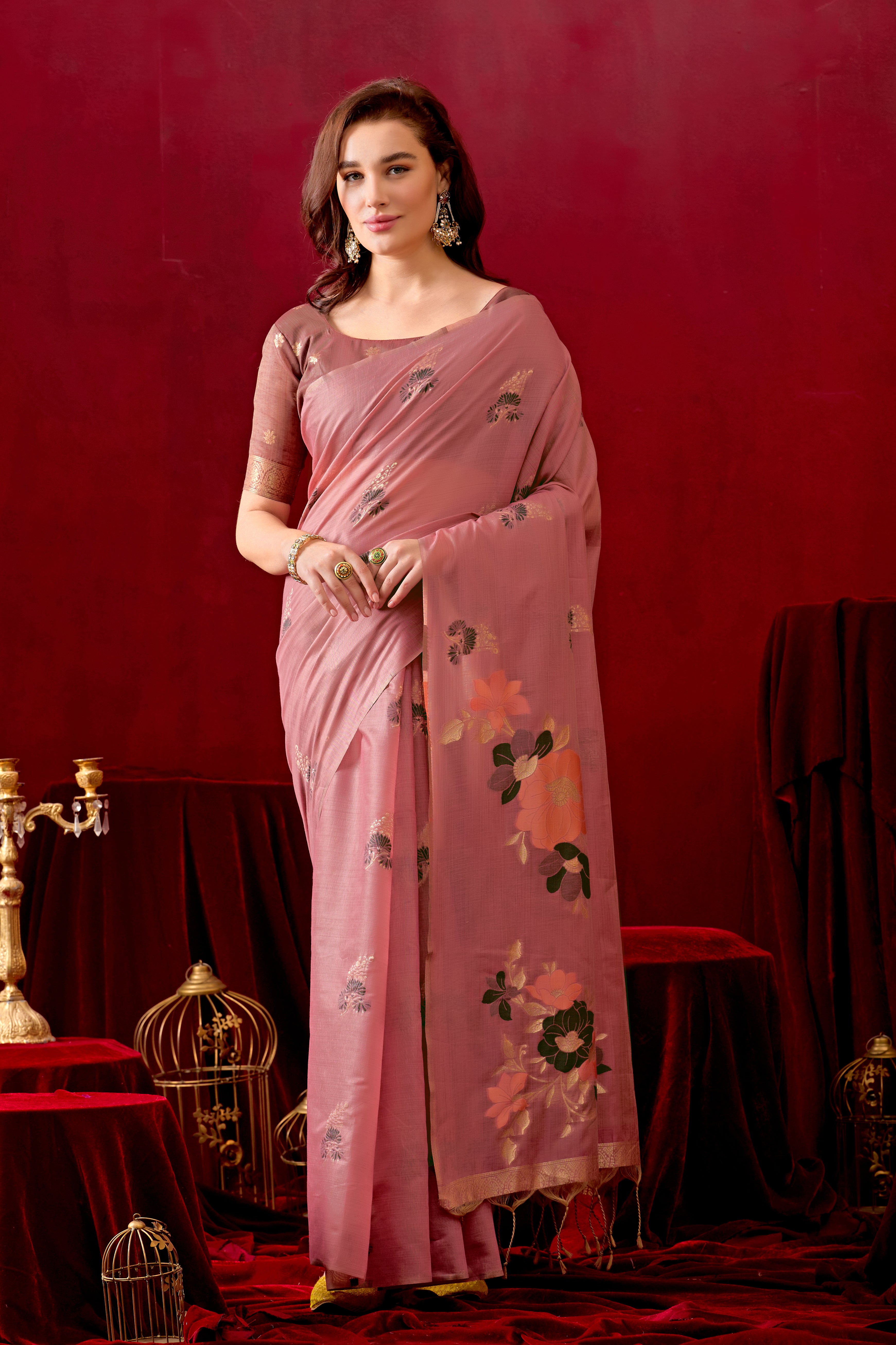 Floral Embellished Embroidered Chanderi Saree in Light Wine