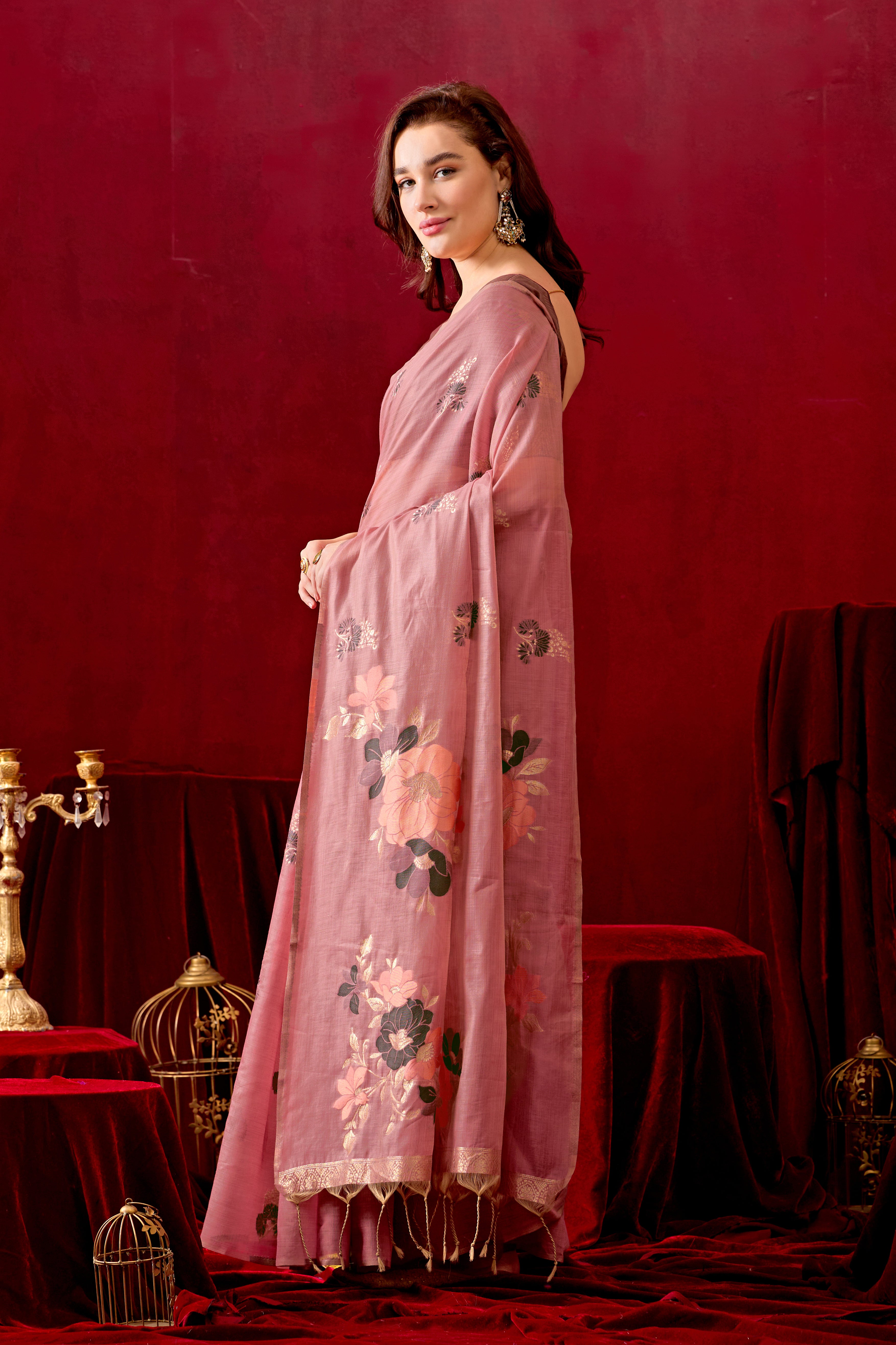 Floral Embellished Embroidered Chanderi Saree in Light Wine