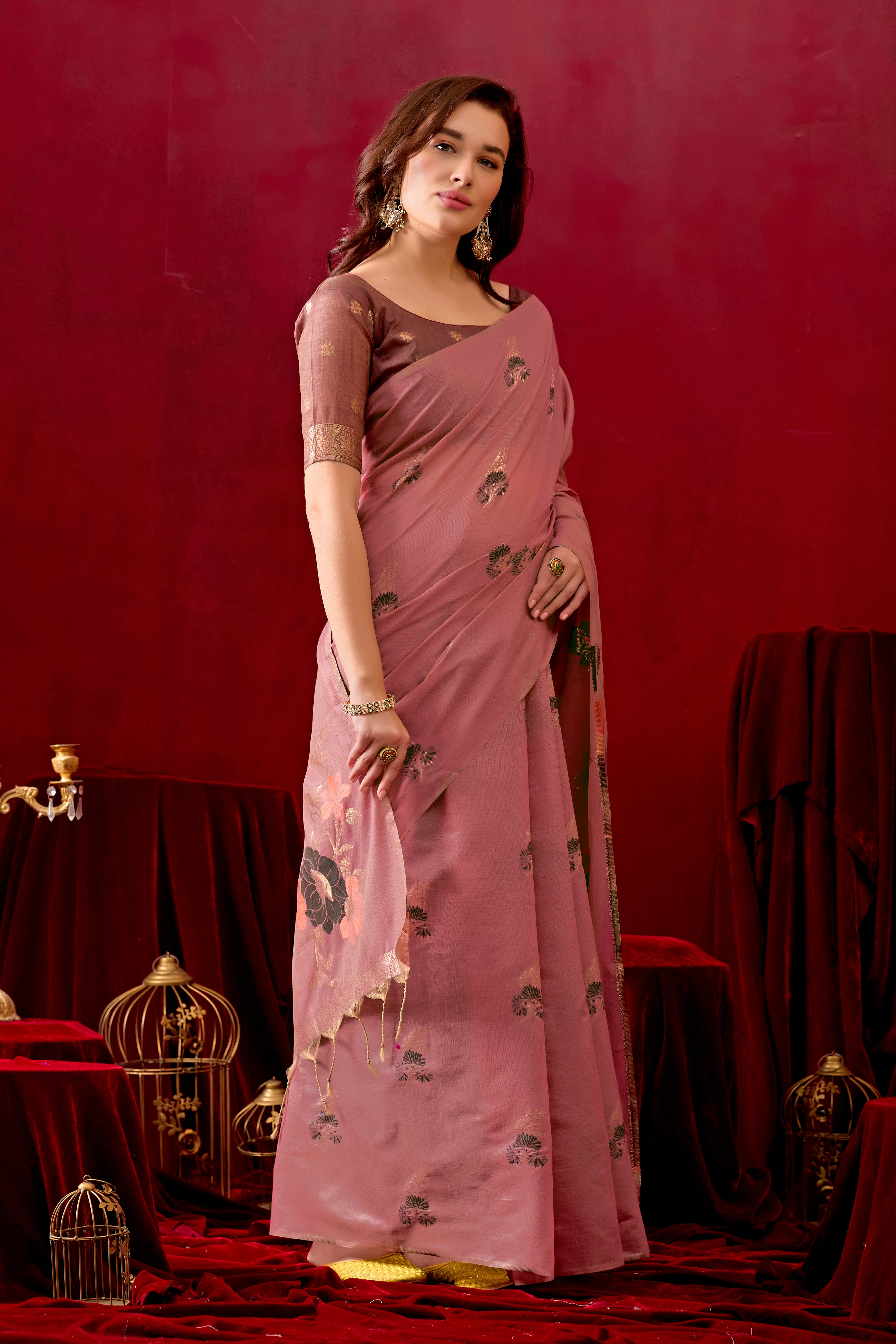Floral Embellished Embroidered Chanderi Saree in Light Wine