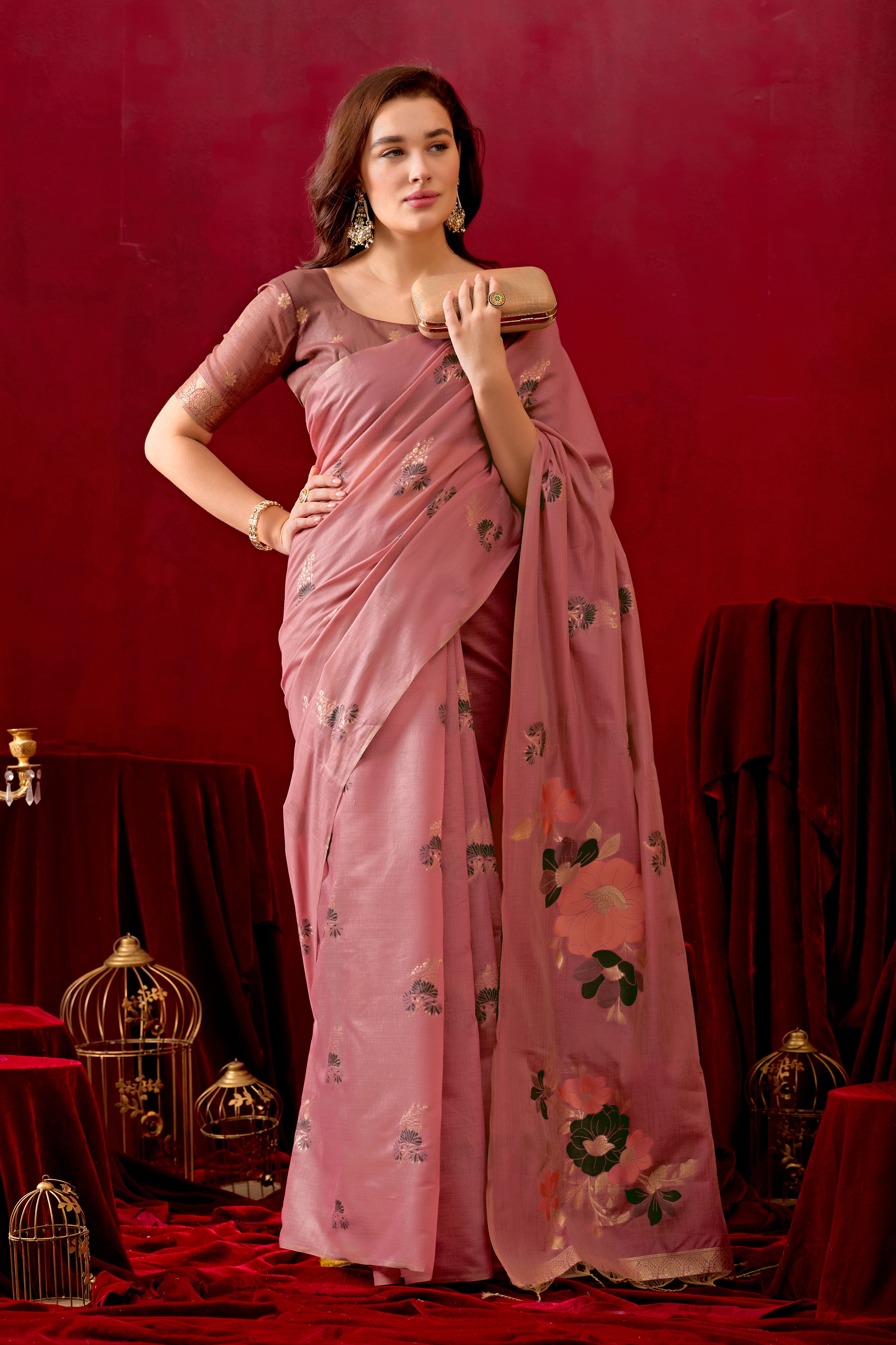 Floral Embellished Embroidered Chanderi Saree in Light Wine