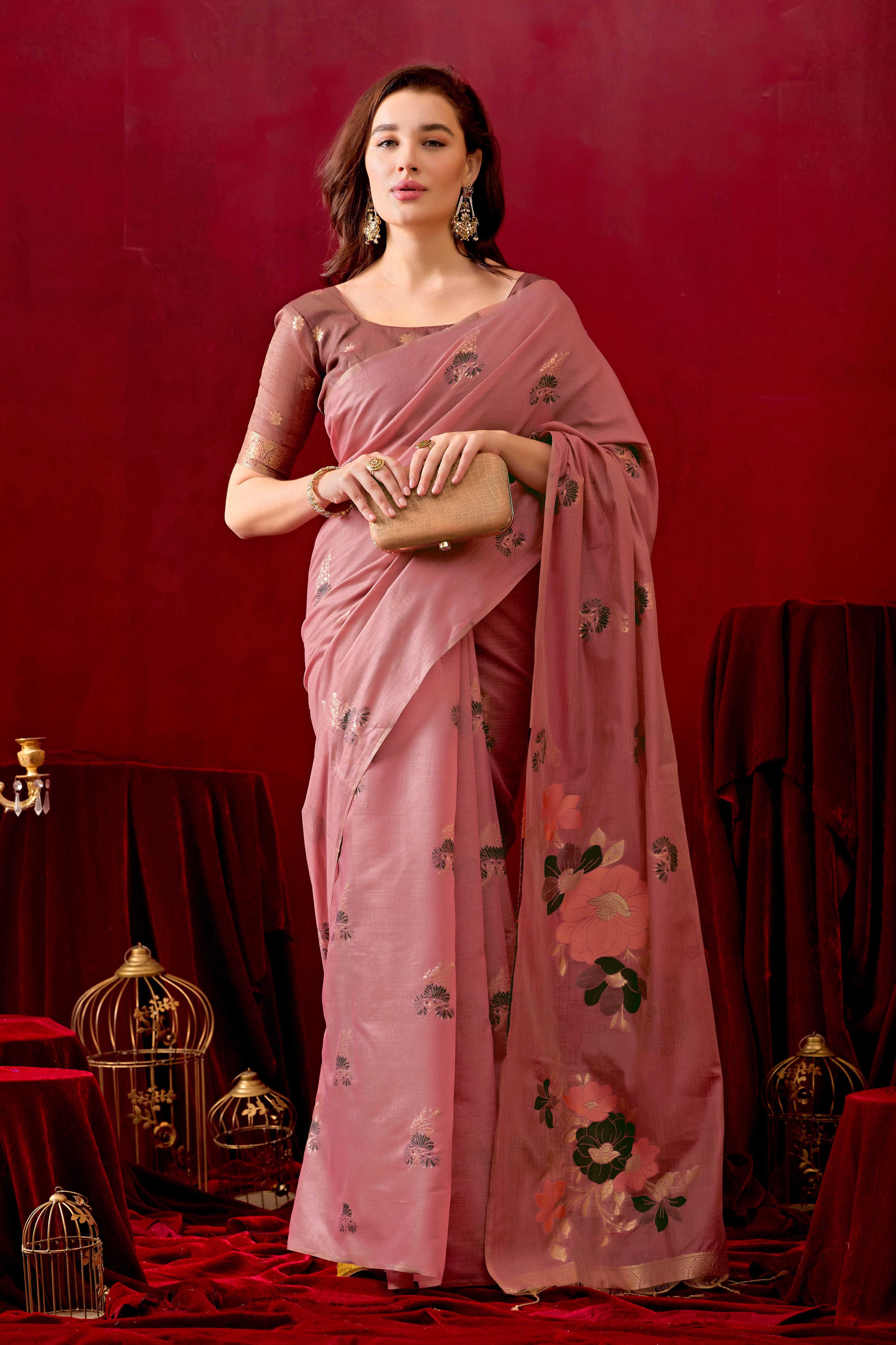 Floral Embellished Embroidered Chanderi Saree in Light Wine