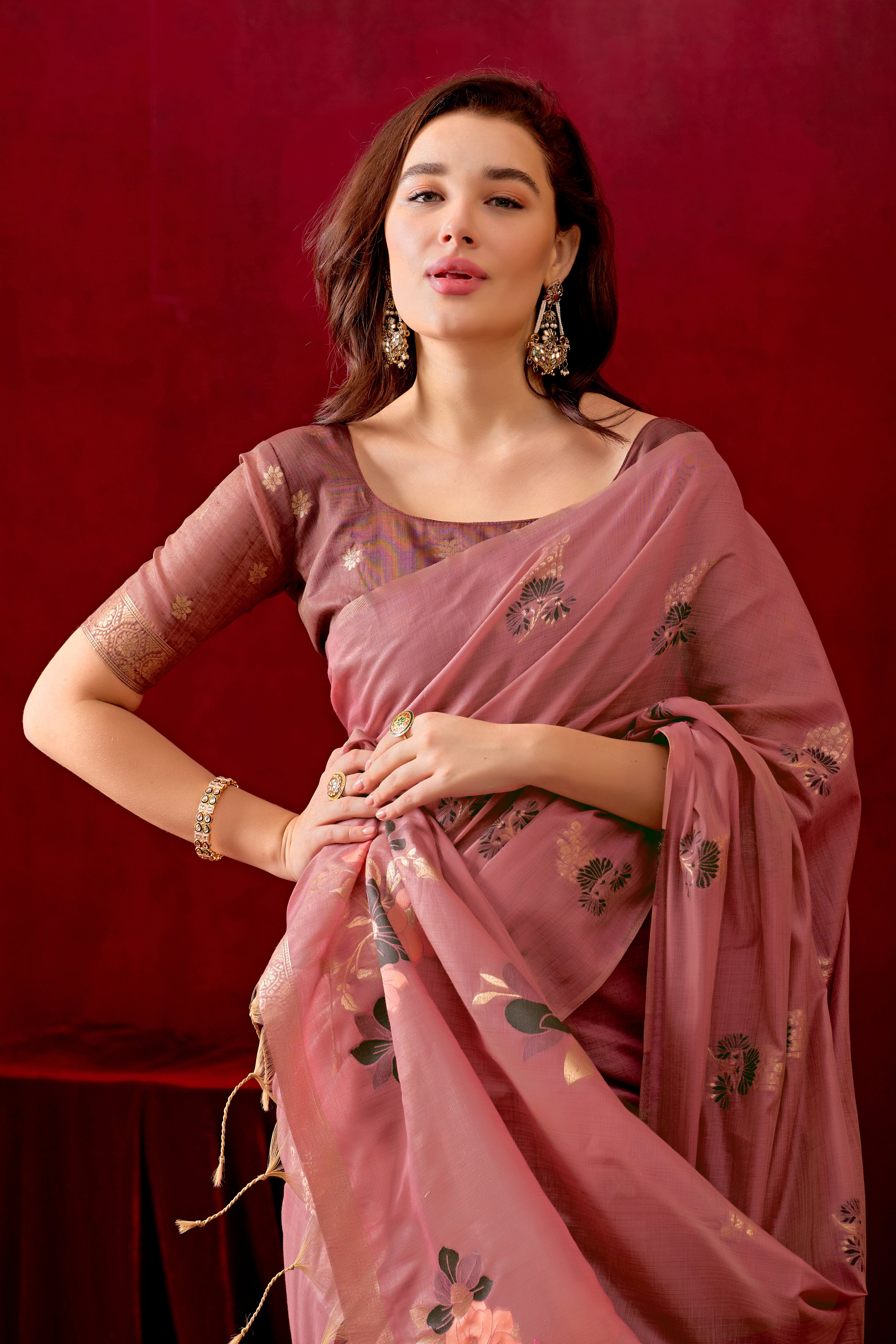 Floral Embellished Embroidered Chanderi Saree in Light Wine