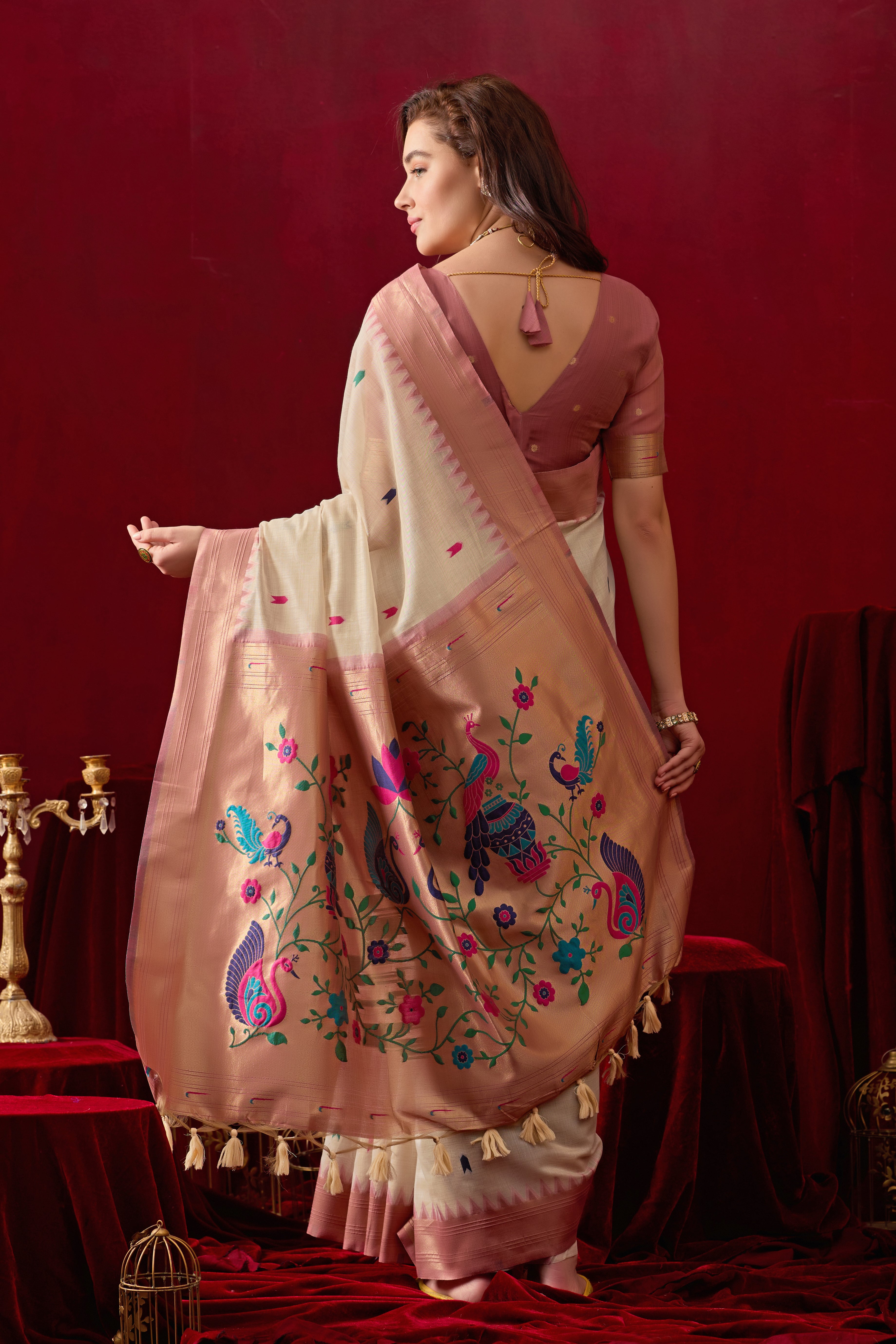 Exquisite Paithani Silk Saree with Peacock & Floral Vine Pallu