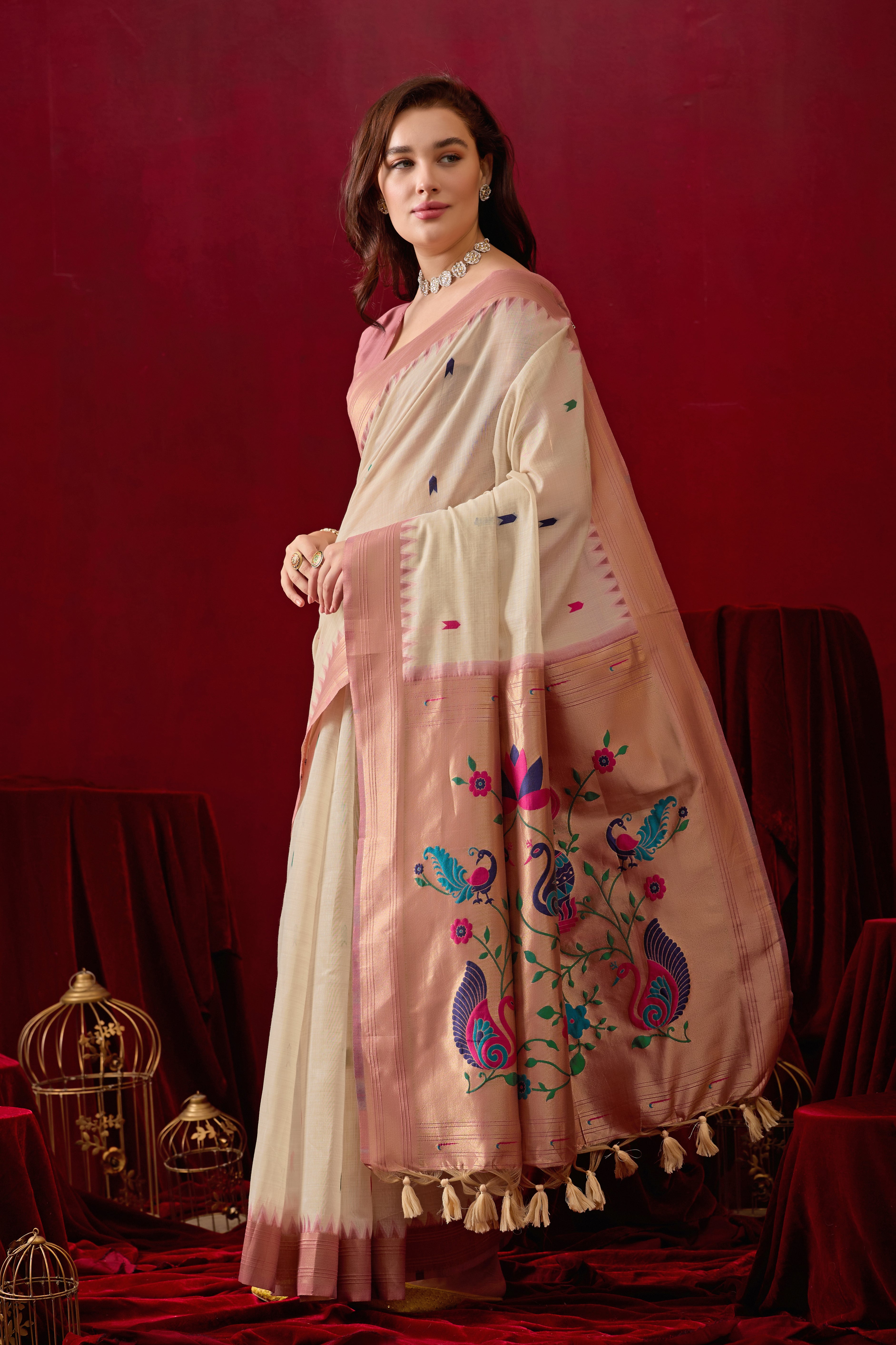 Exquisite Paithani Silk Saree with Peacock & Floral Vine Pallu