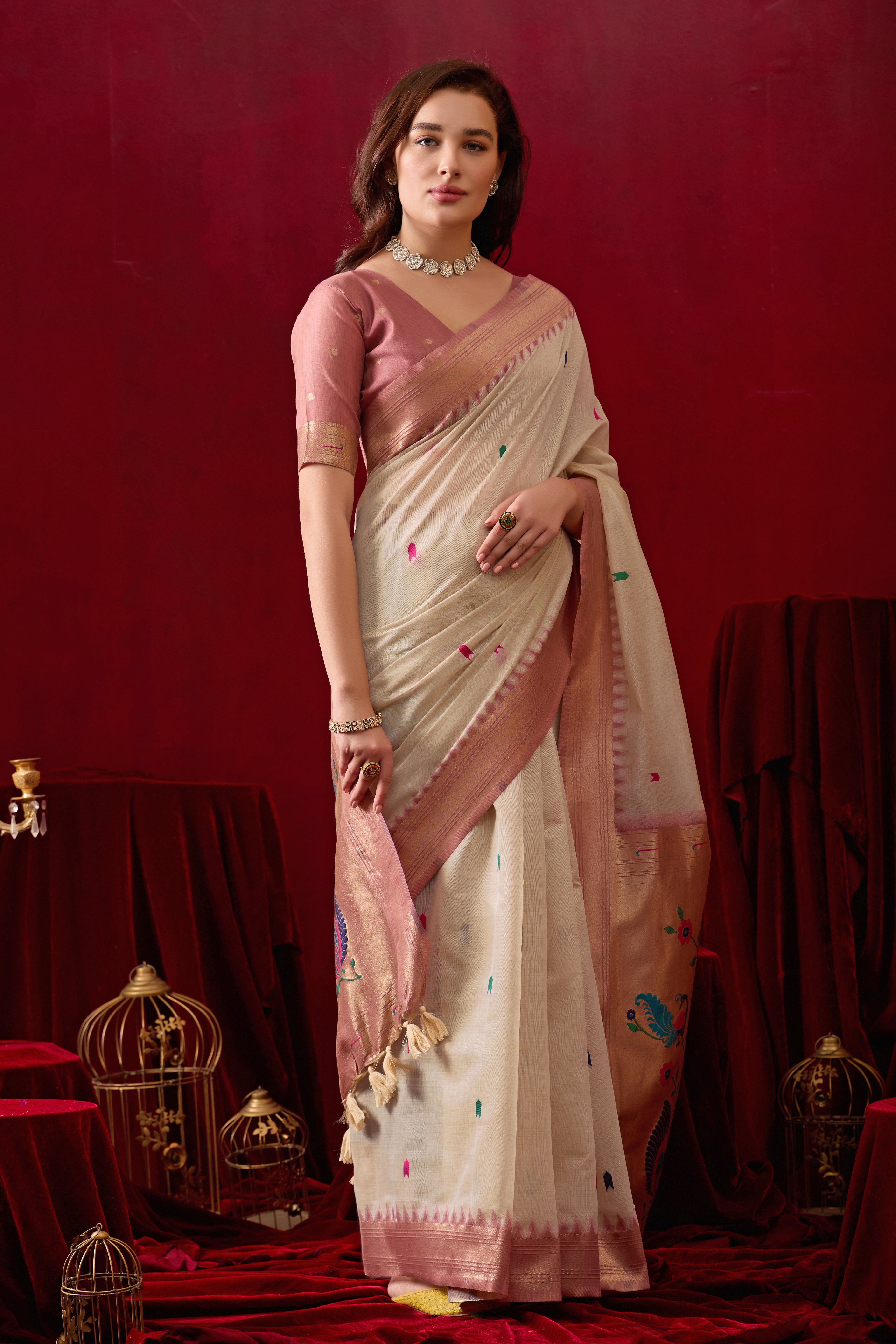 Exquisite Paithani Silk Saree with Peacock & Floral Vine Pallu