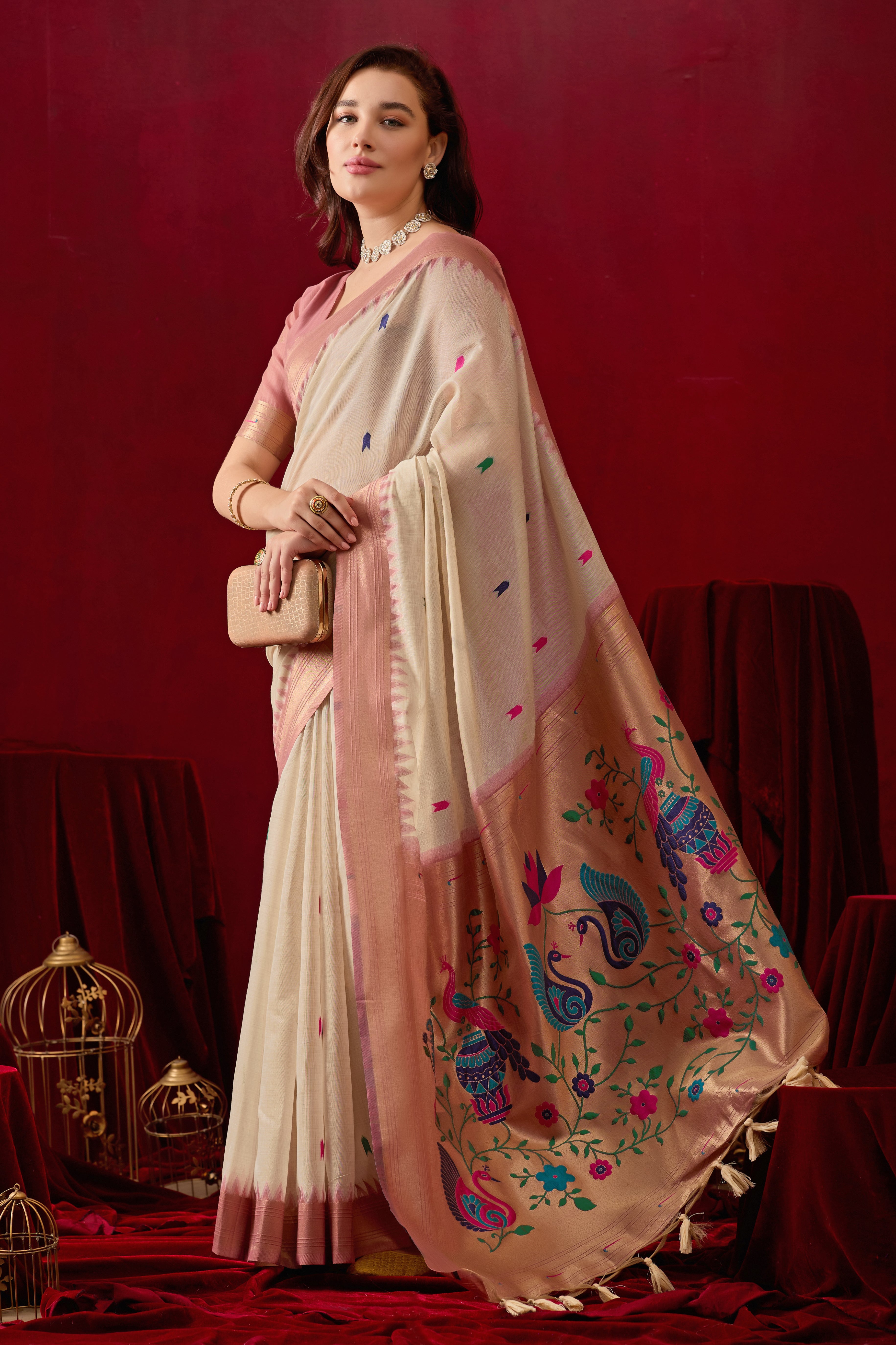 Exquisite Paithani Silk Saree with Peacock & Floral Vine Pallu