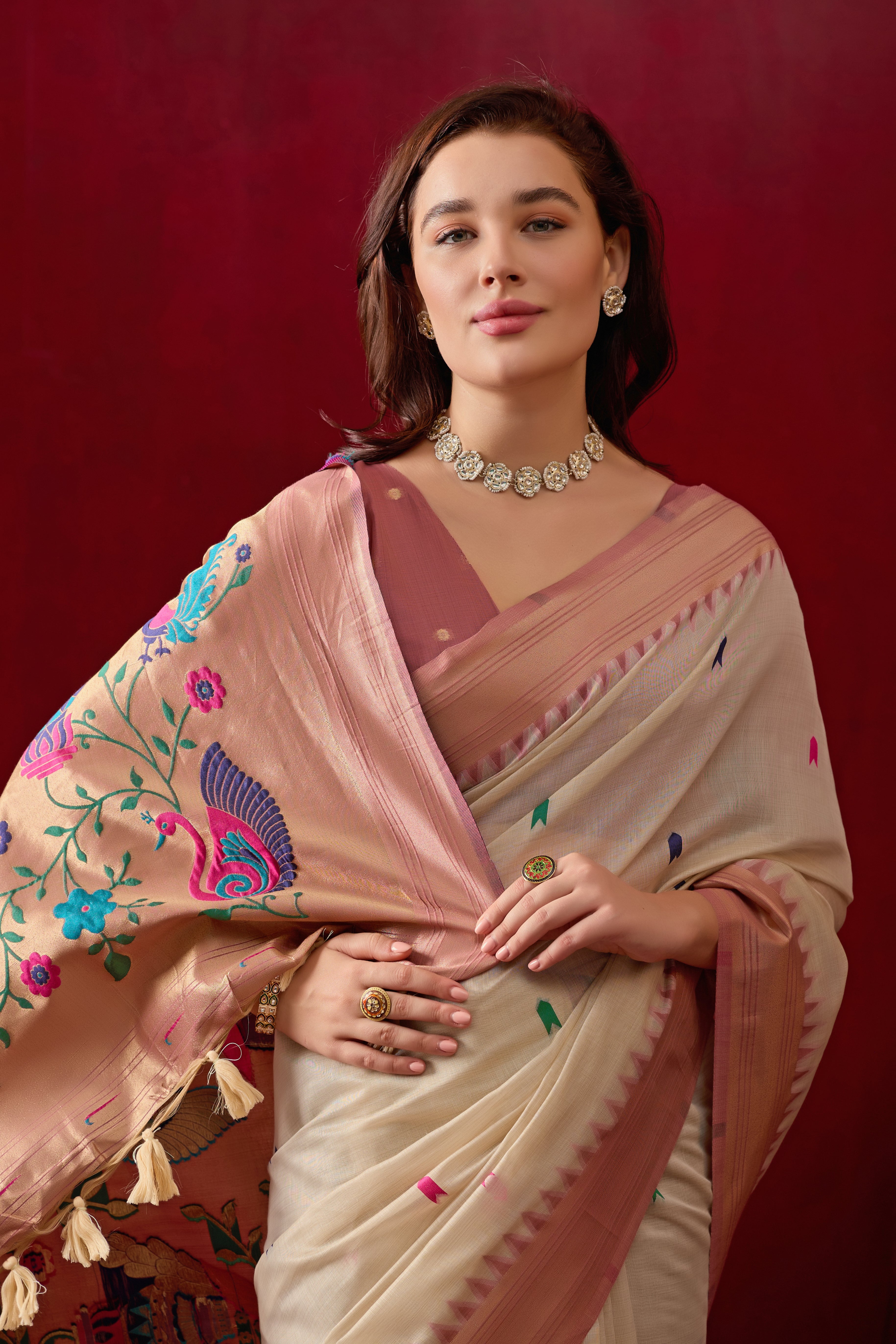 Exquisite Paithani Silk Saree with Peacock & Floral Vine Pallu