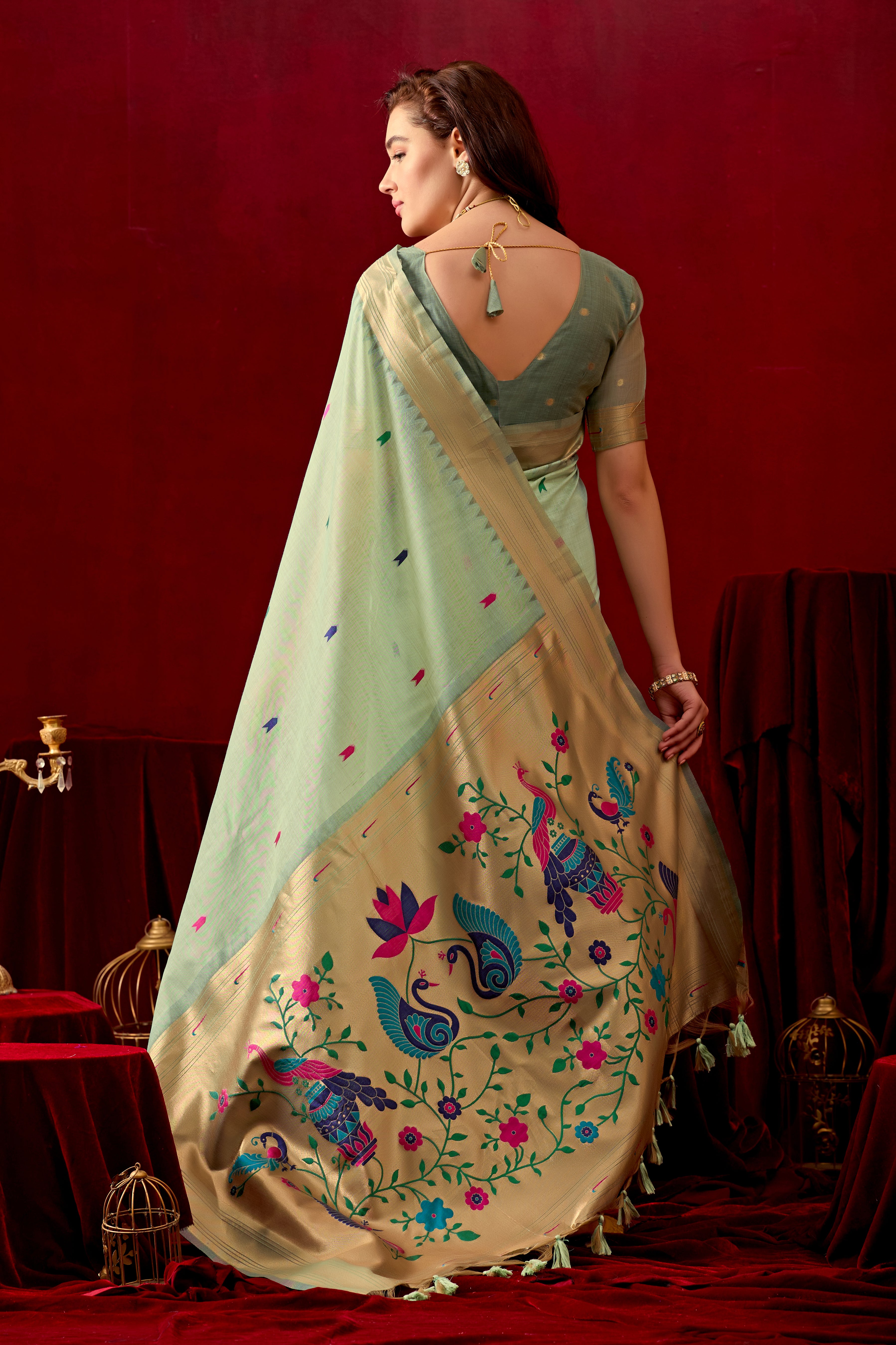 Exquisite Paithani Silk Saree with Peacock & Floral Vine Pallu in C Green