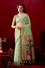 Exquisite Paithani Silk Saree with Peacock & Floral Vine Pallu in C Green