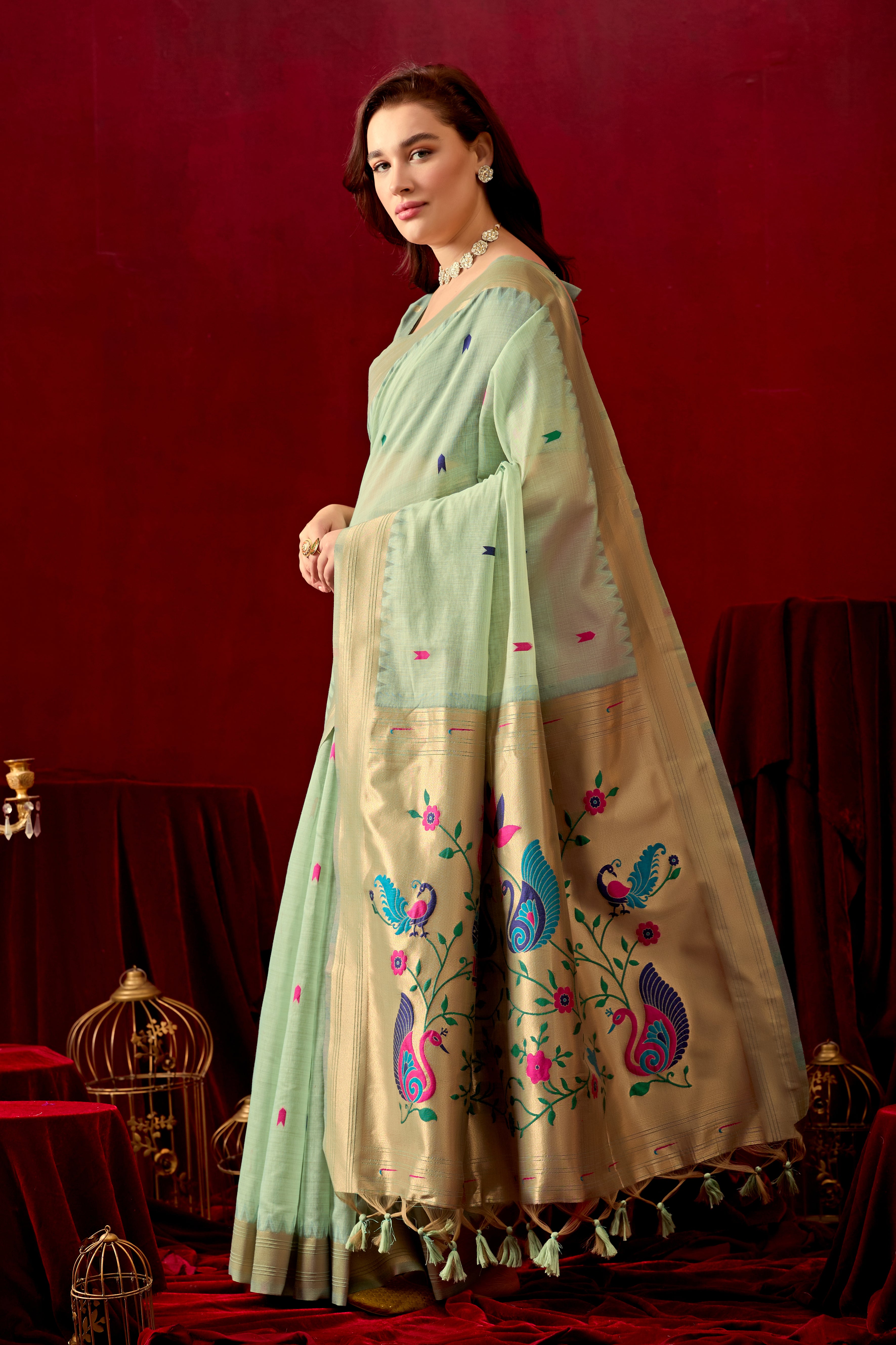 Exquisite Paithani Silk Saree with Peacock & Floral Vine Pallu in C Green