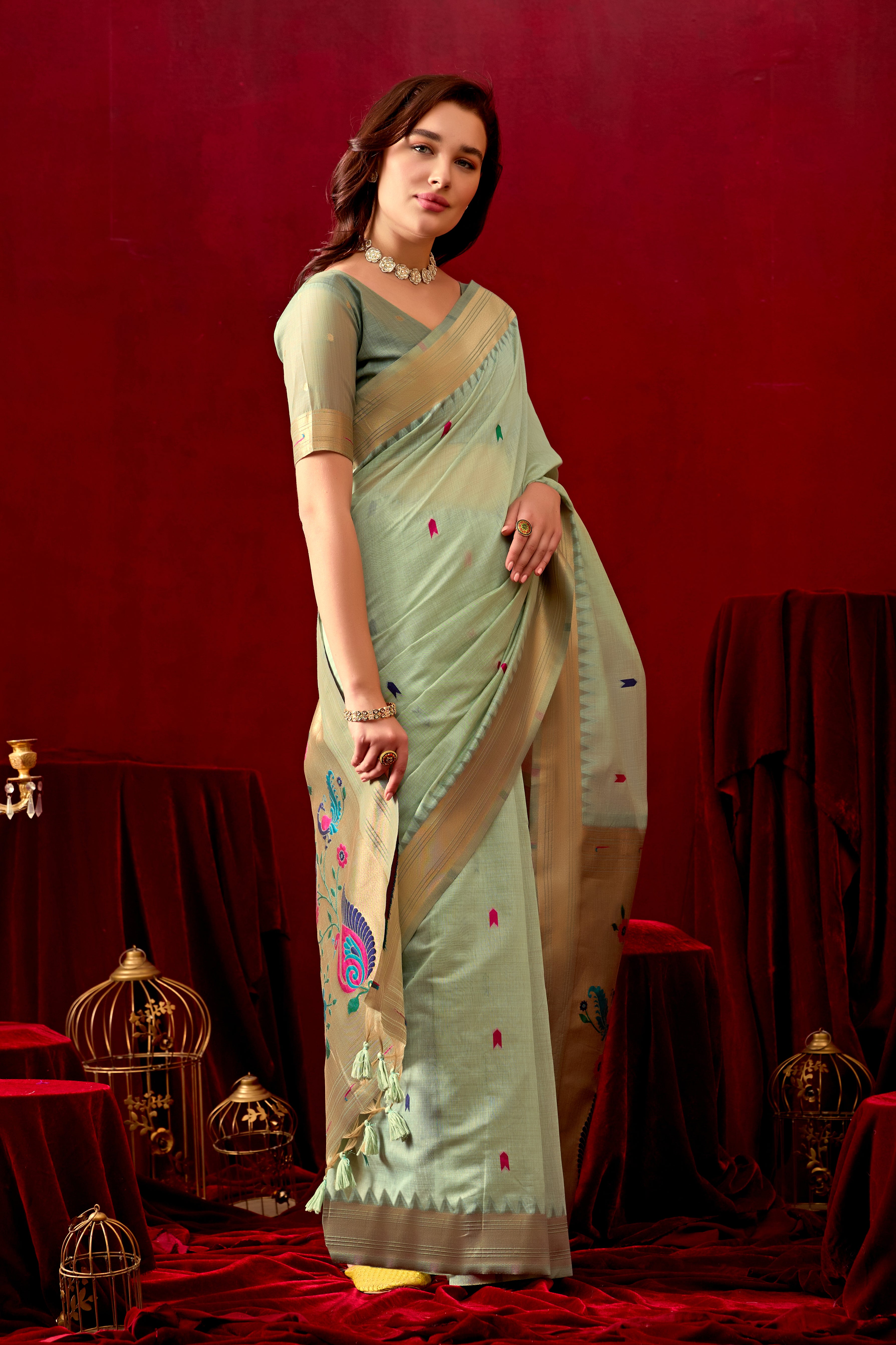 Exquisite Paithani Silk Saree with Peacock & Floral Vine Pallu in C Green