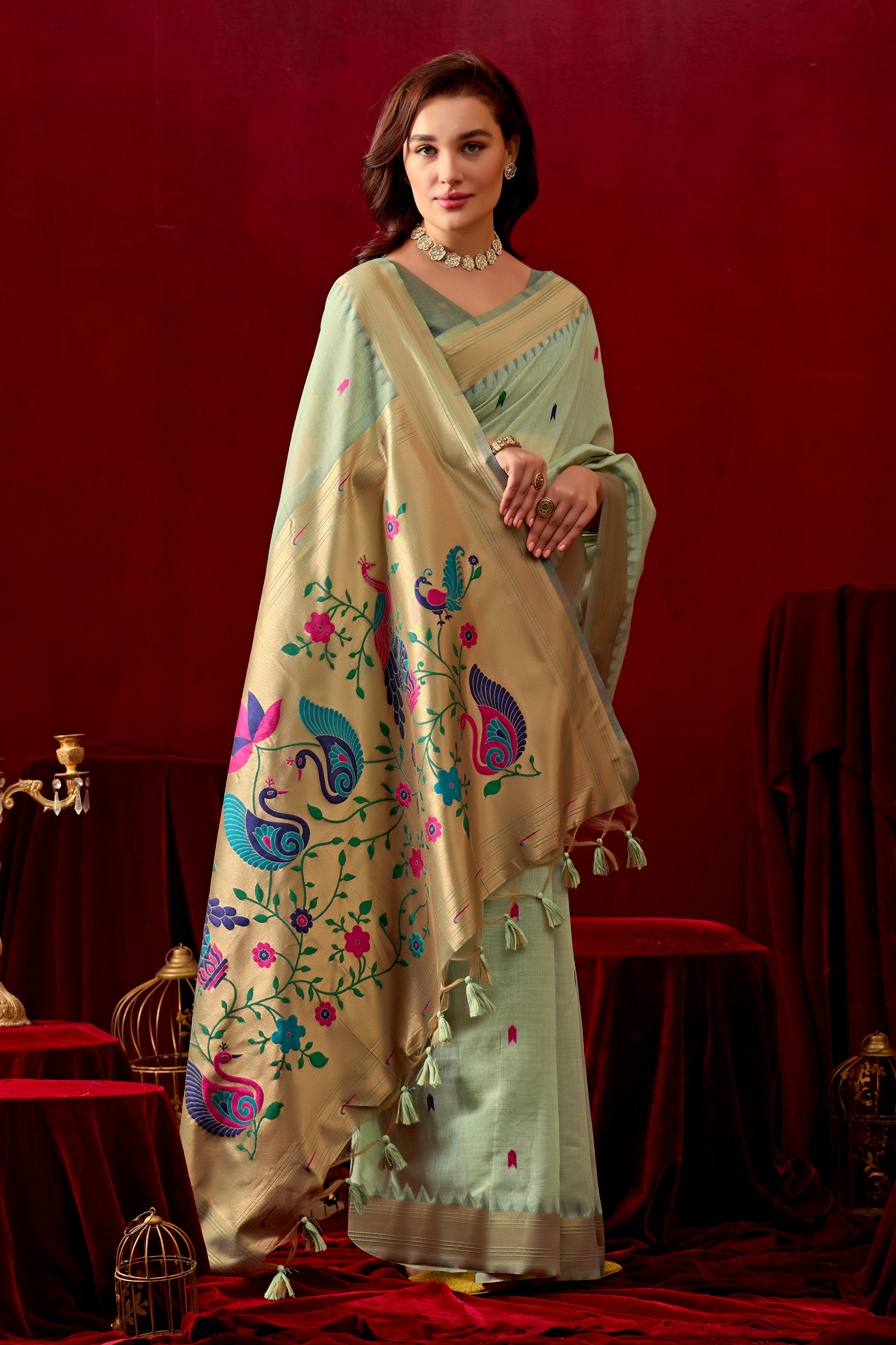 Exquisite Paithani Silk Saree with Peacock & Floral Vine Pallu in C Green