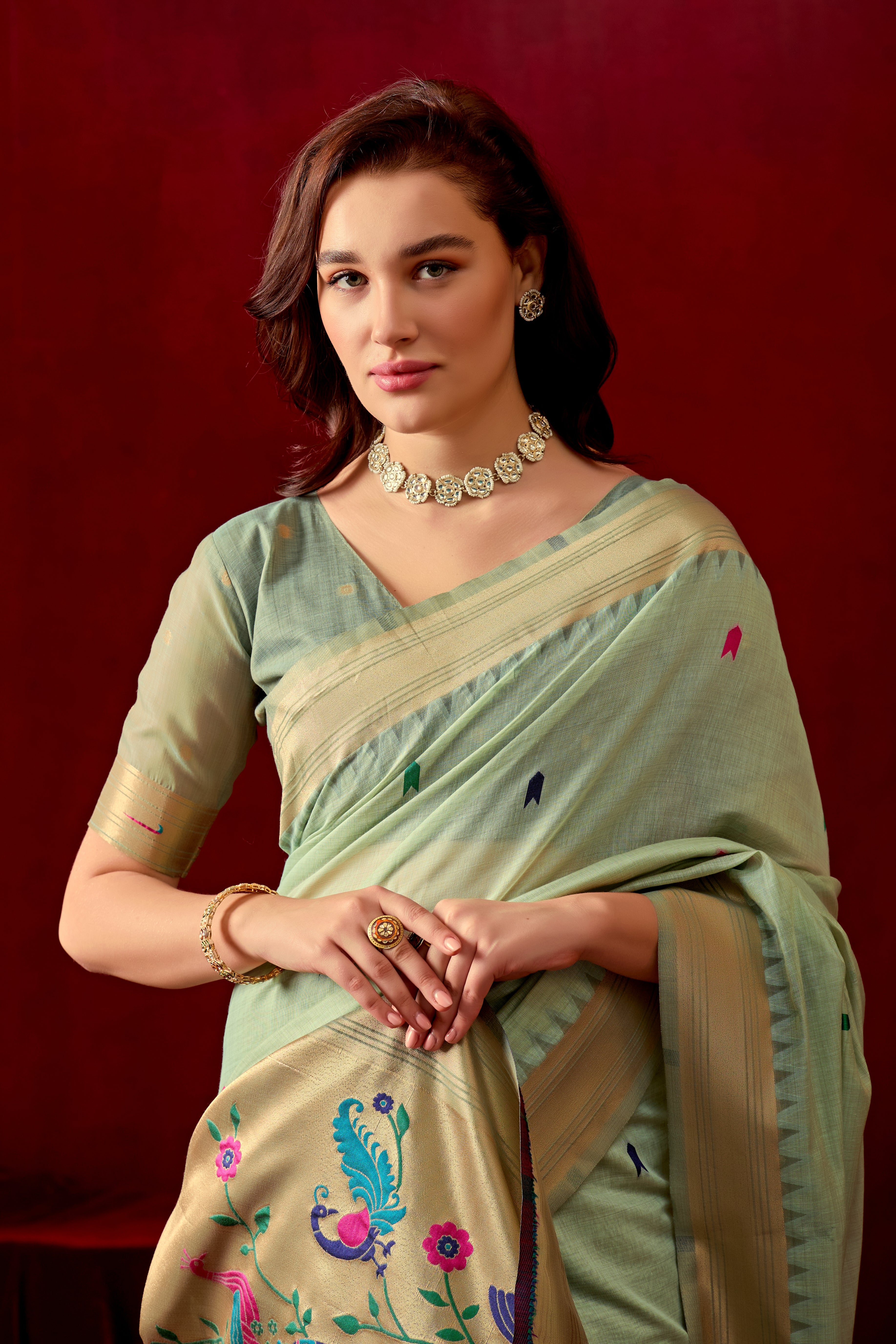 Exquisite Paithani Silk Saree with Peacock & Floral Vine Pallu in C Green