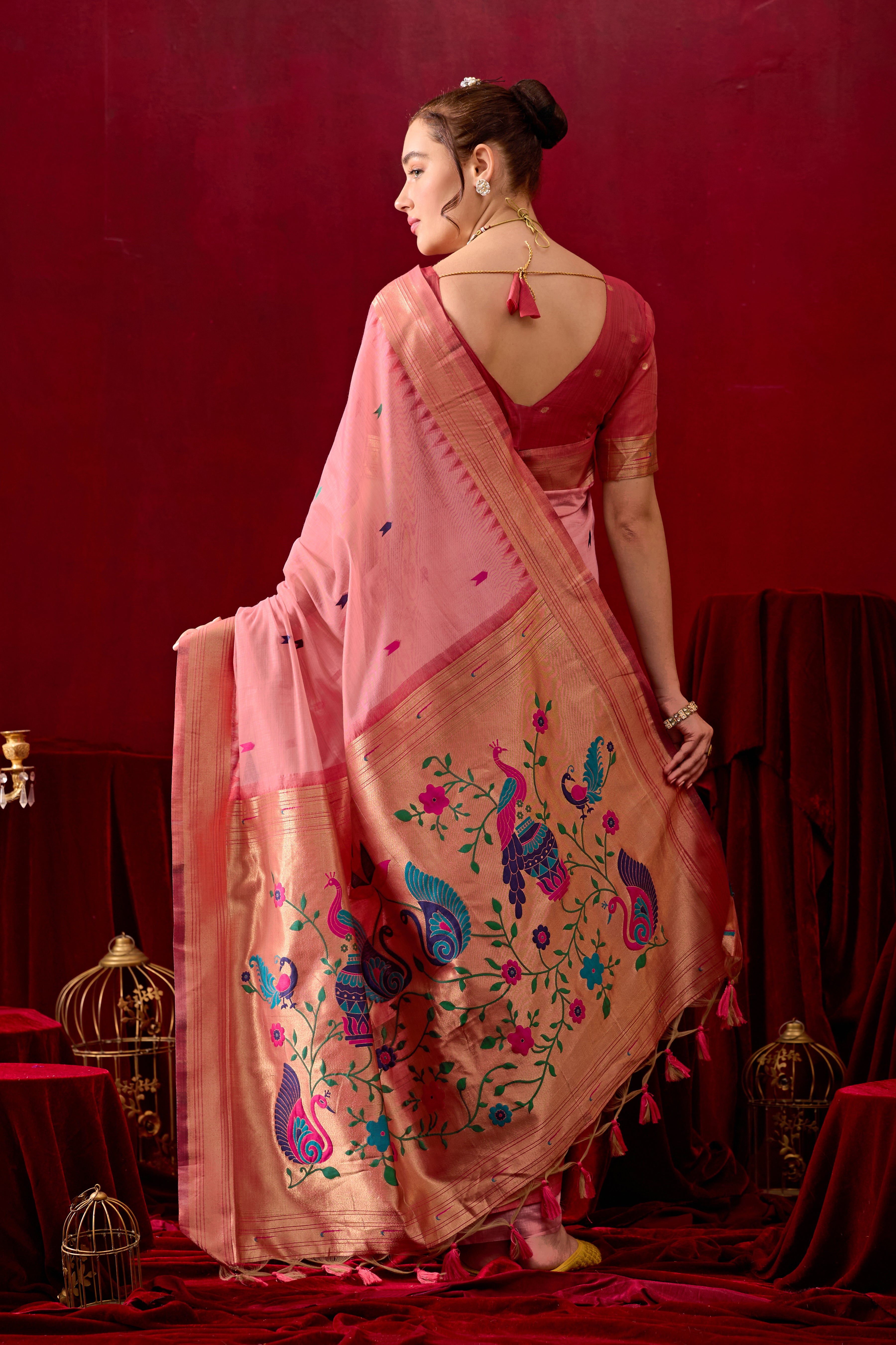 Exquisite Paithani Silk Saree with Peacock & Floral Vine Pallu in Pink