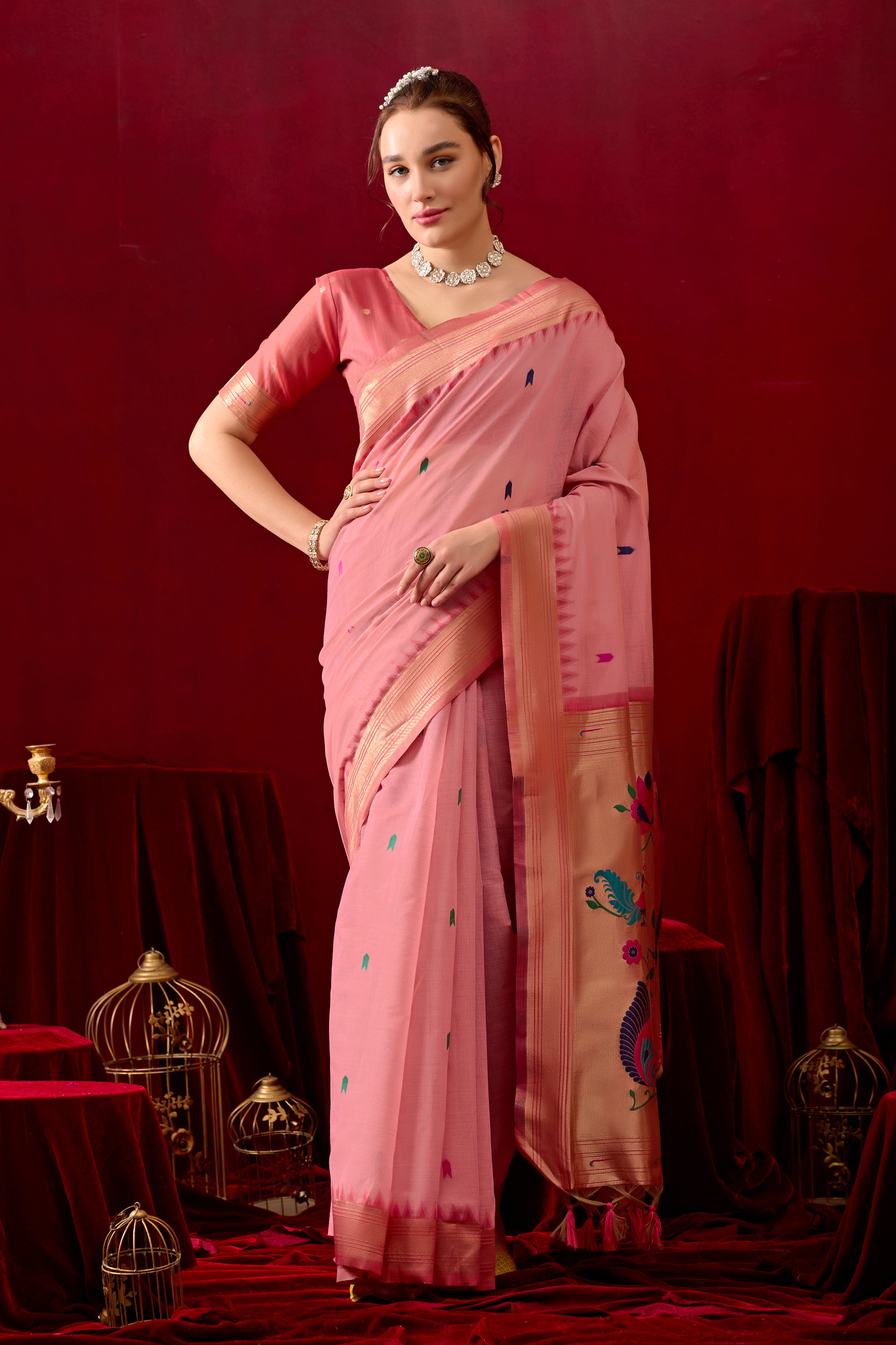 Exquisite Paithani Silk Saree with Peacock & Floral Vine Pallu in Pink