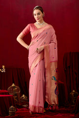 Exquisite Paithani Silk Saree with Peacock & Floral Vine Pallu in Pink