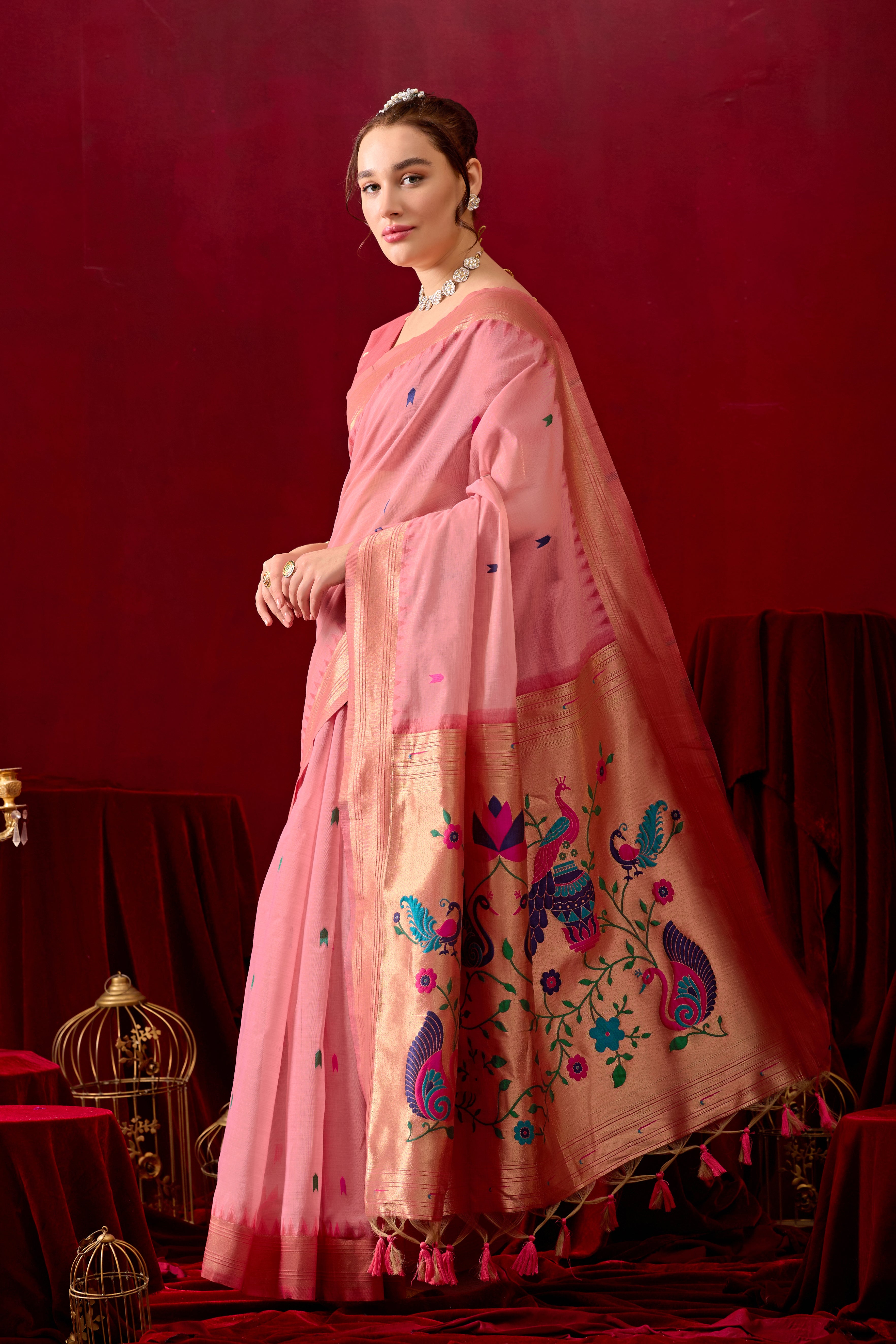 Exquisite Paithani Silk Saree with Peacock & Floral Vine Pallu in Pink