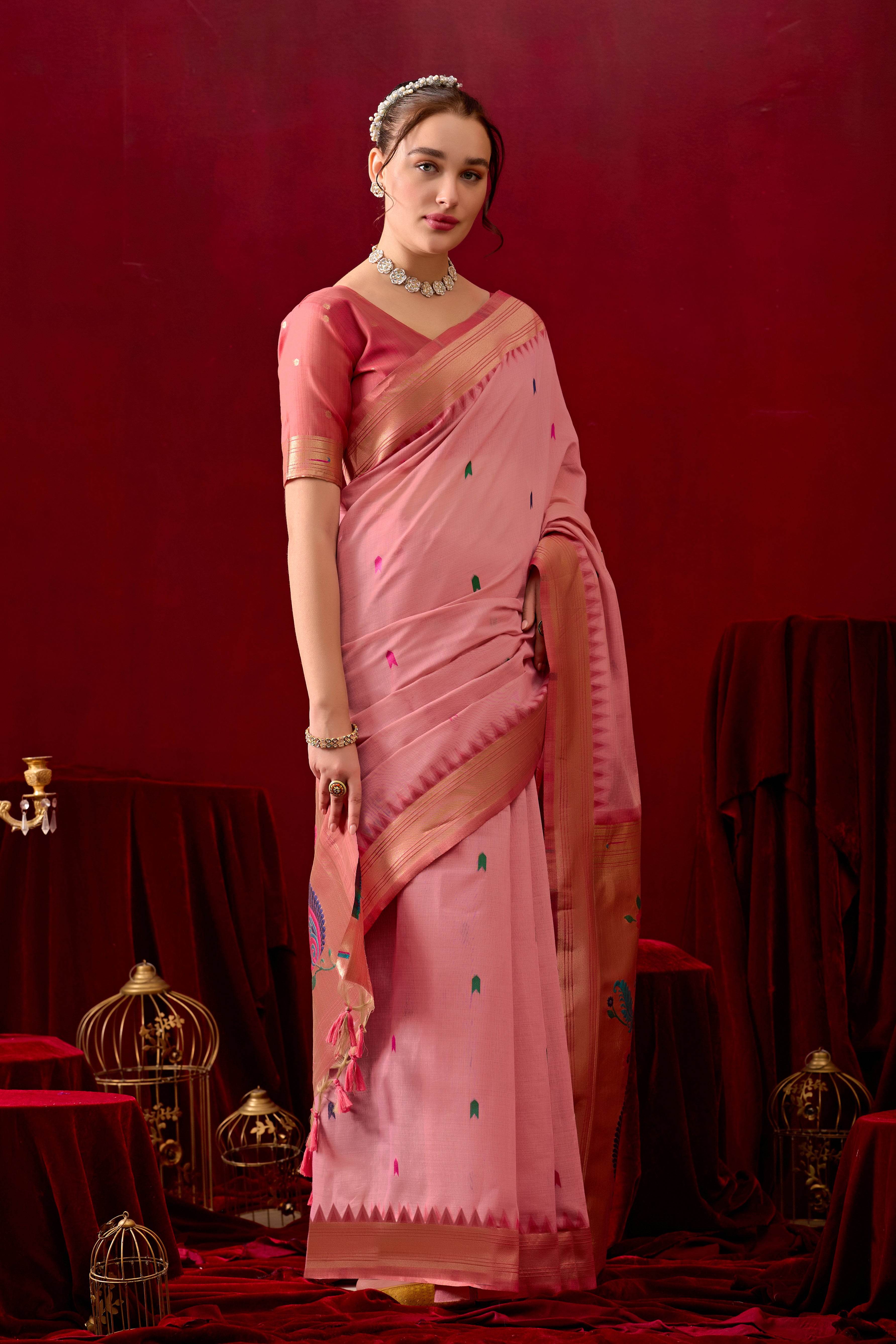 Exquisite Paithani Silk Saree with Peacock & Floral Vine Pallu in Pink