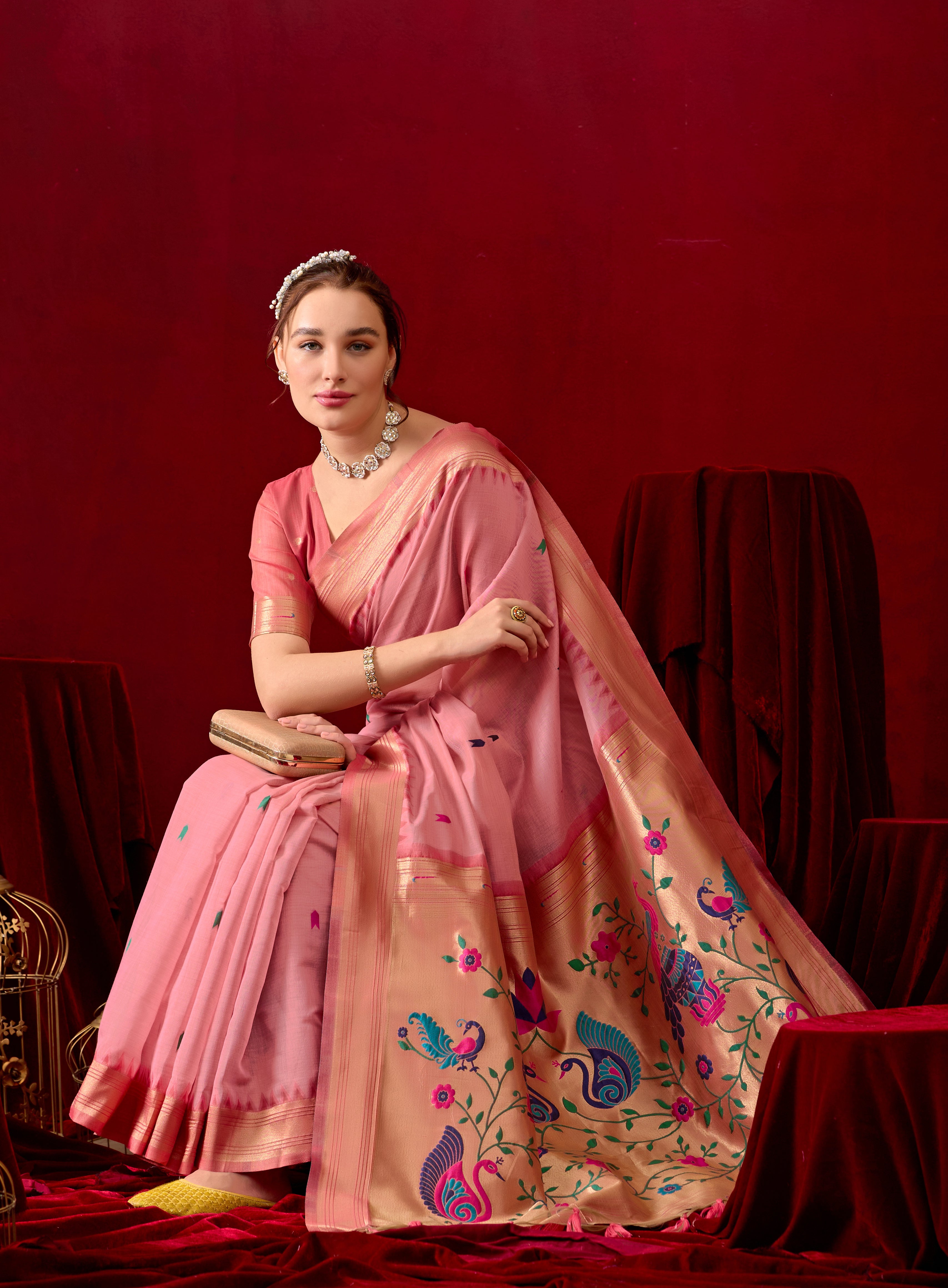 Exquisite Paithani Silk Saree with Peacock & Floral Vine Pallu in Pink