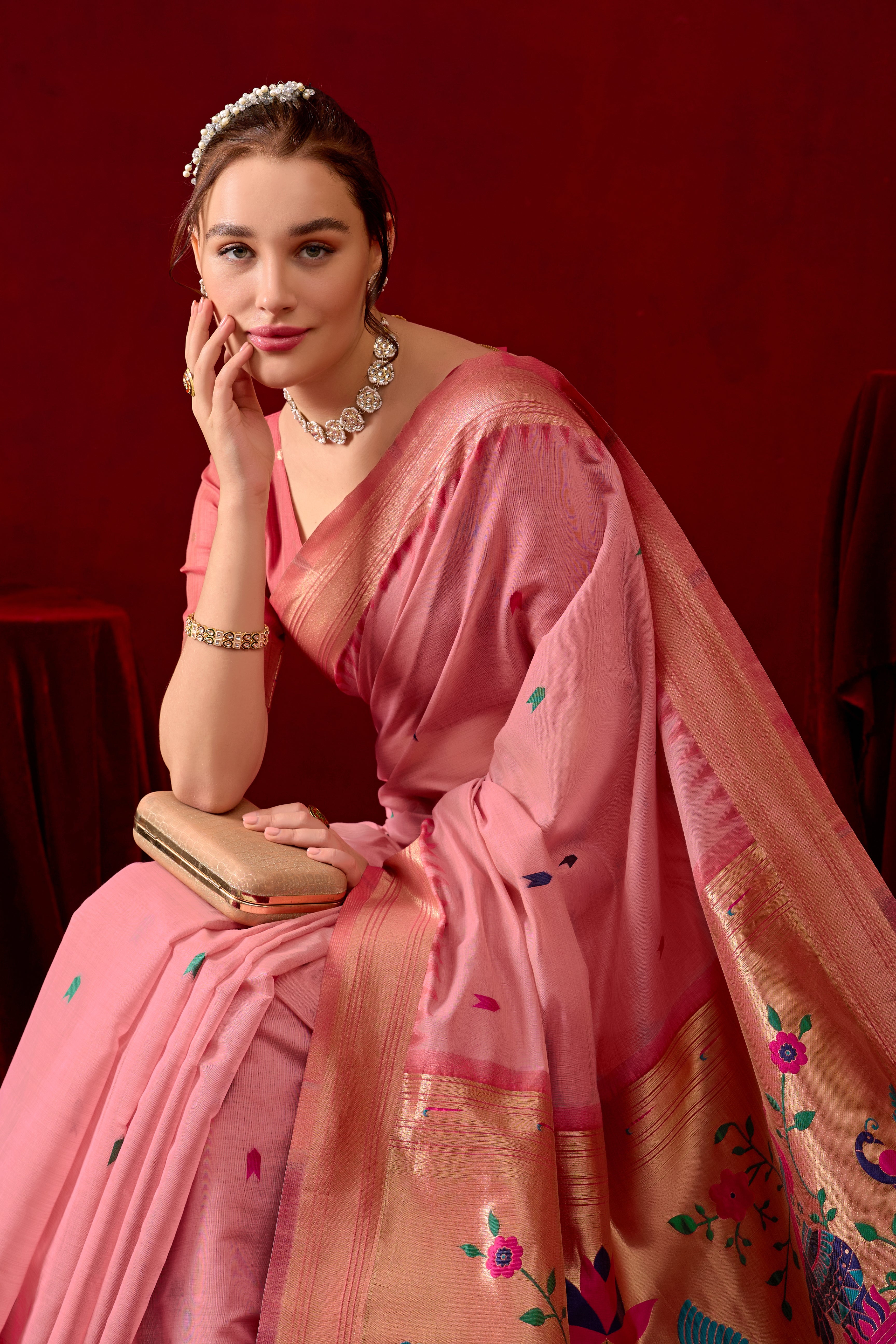 Exquisite Paithani Silk Saree with Peacock & Floral Vine Pallu in Pink