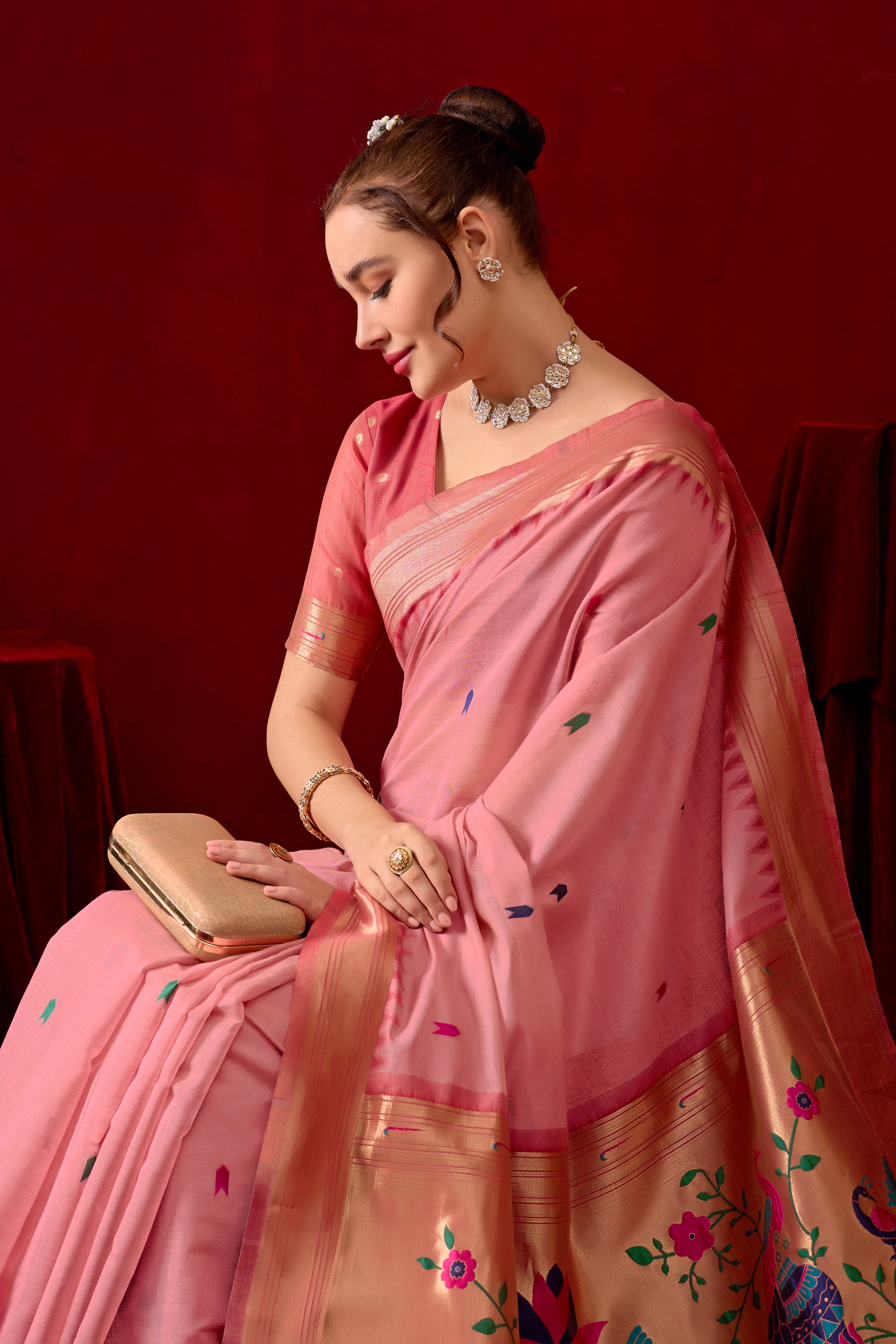 Exquisite Paithani Silk Saree with Peacock & Floral Vine Pallu in Pink