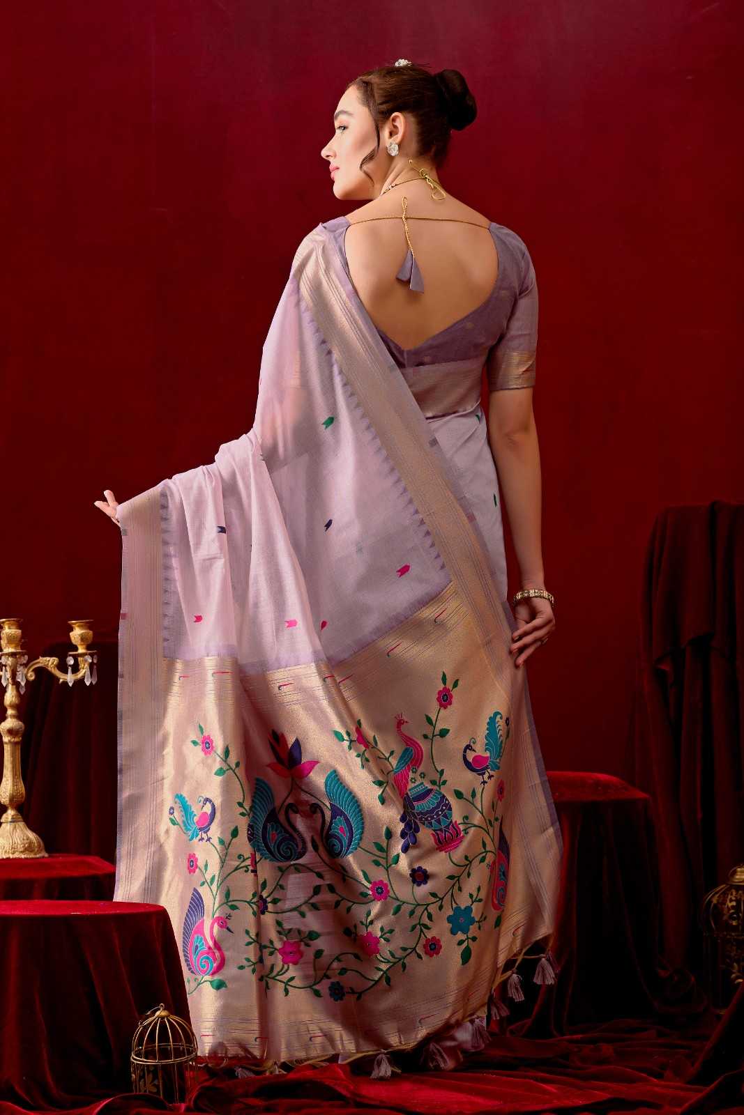 Exquisite Paithani Silk Saree with Peacock & Floral Vine Pallu in Lavender