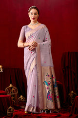 Exquisite Paithani Silk Saree with Peacock & Floral Vine Pallu in Lavender