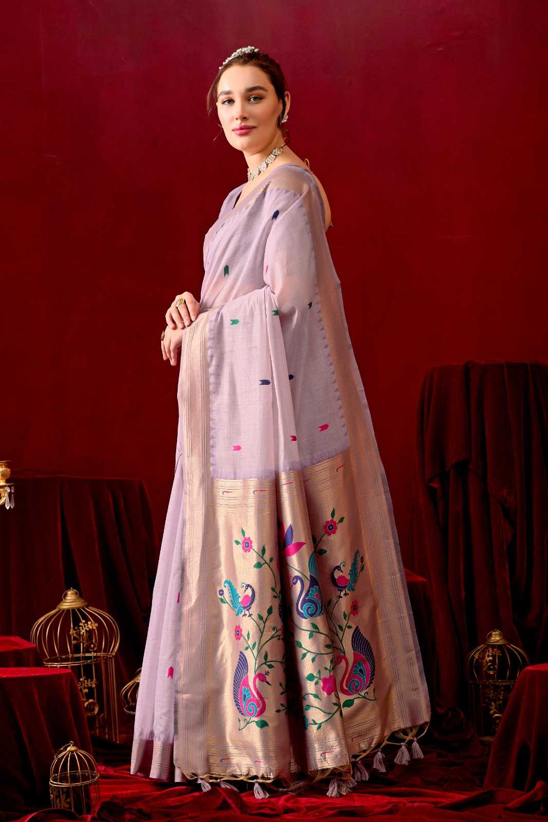Exquisite Paithani Silk Saree with Peacock & Floral Vine Pallu in Lavender