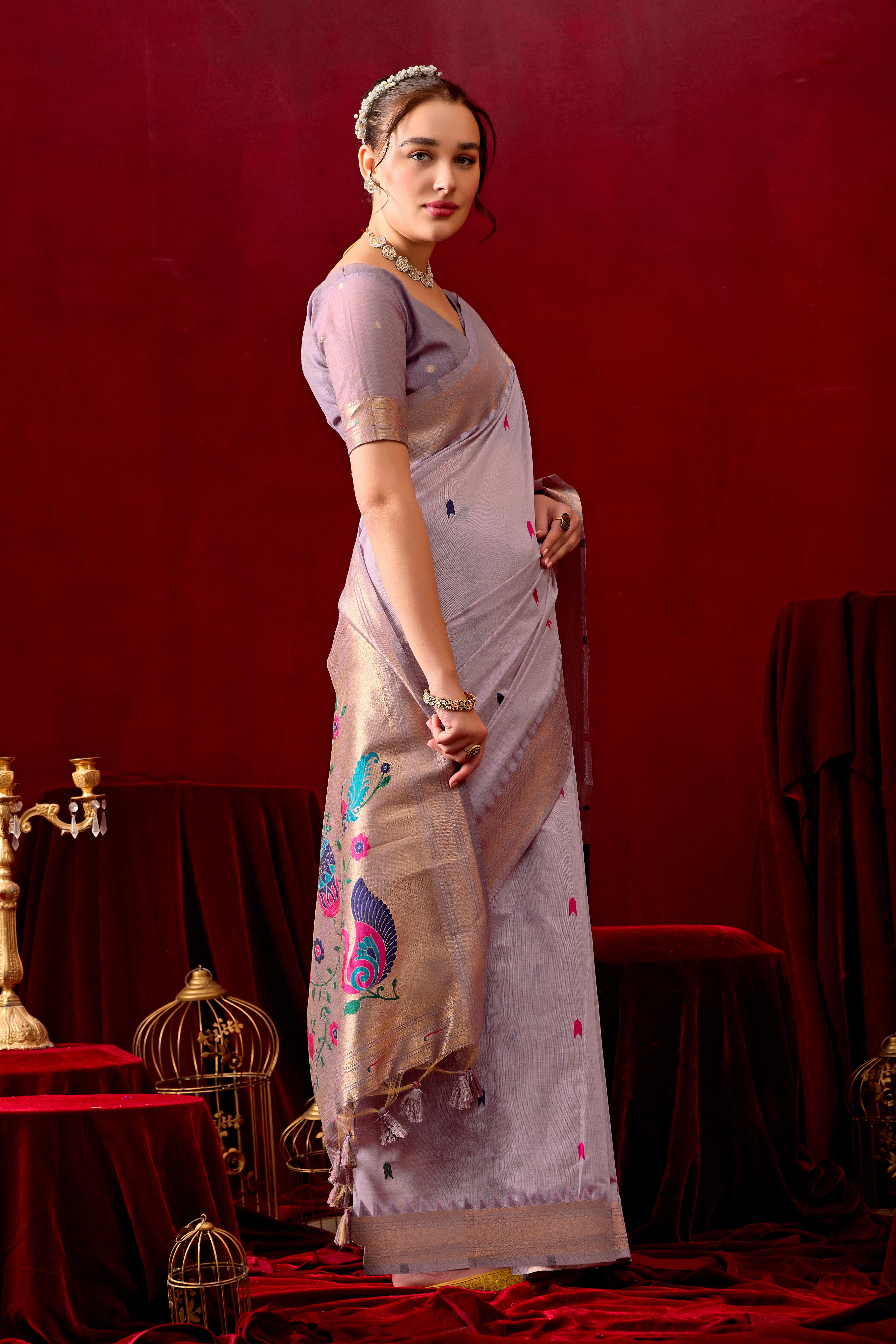 Exquisite Paithani Silk Saree with Peacock & Floral Vine Pallu in Lavender