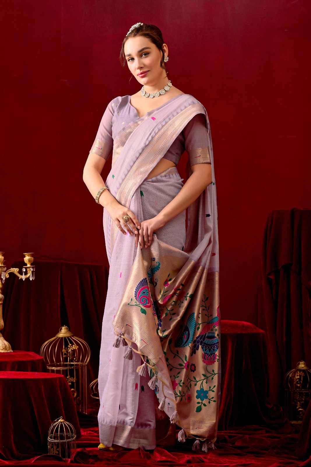 Exquisite Paithani Silk Saree with Peacock & Floral Vine Pallu in Lavender